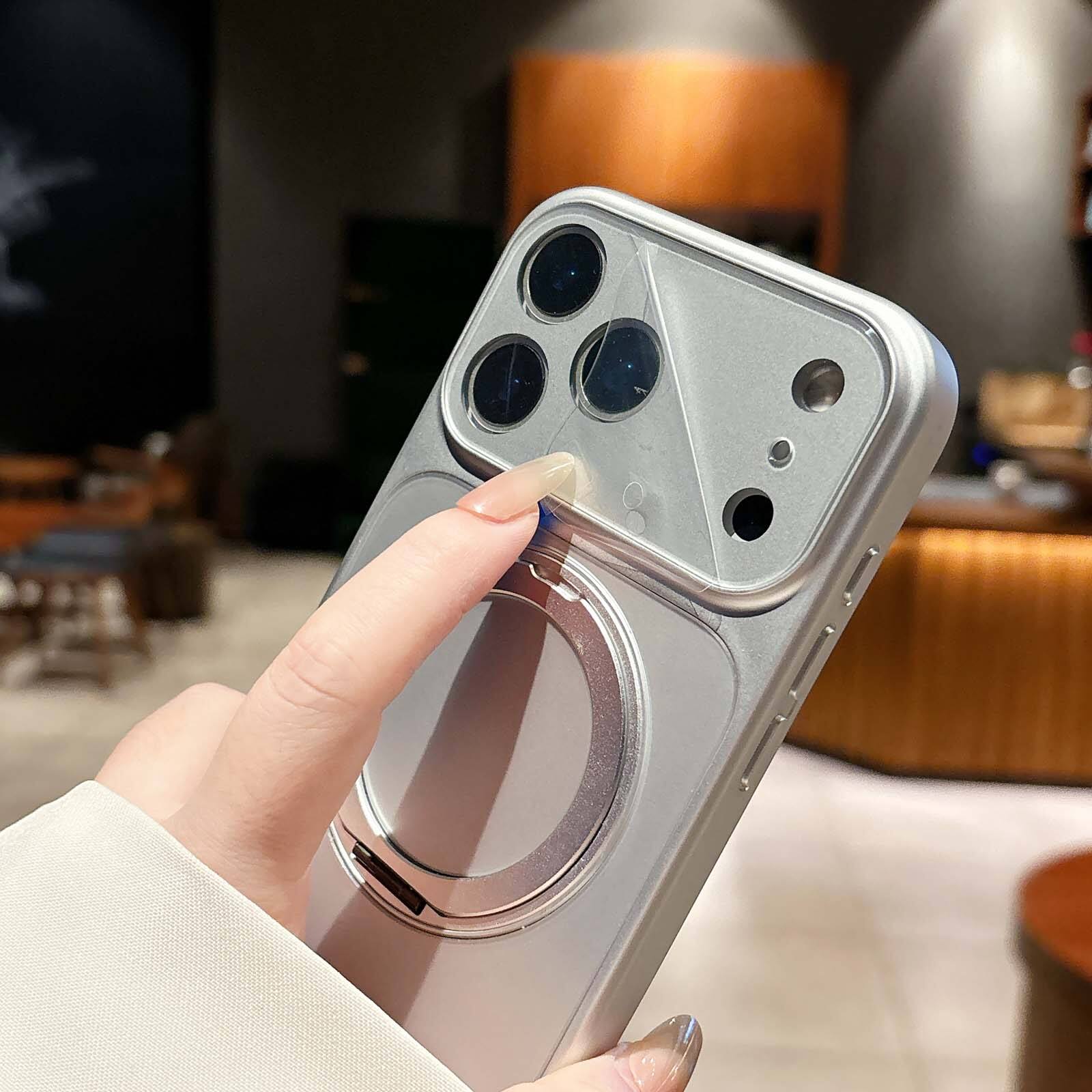Back. Dteck - for Apple iPhone 17 Pro Magnetic Kickstand Case,Shockproof PC TPU Wireless Charging Cover with Metal Ring Holder - Orange.