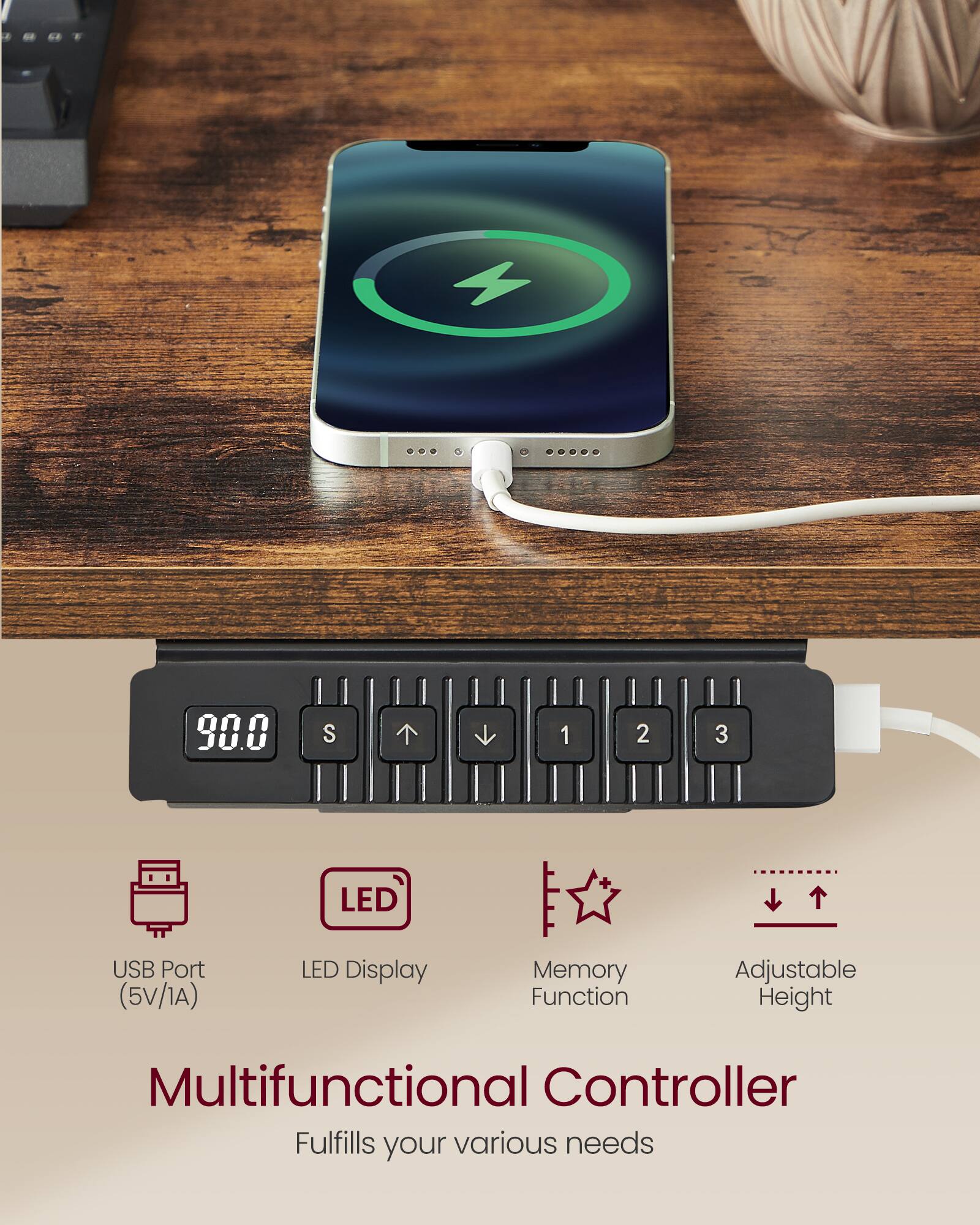 90.0 S 1 2 3 LED USB Port (5V/1A) LED Display Memory Function Adjustable Height Multifunctional Controller Fulfills your various needs
