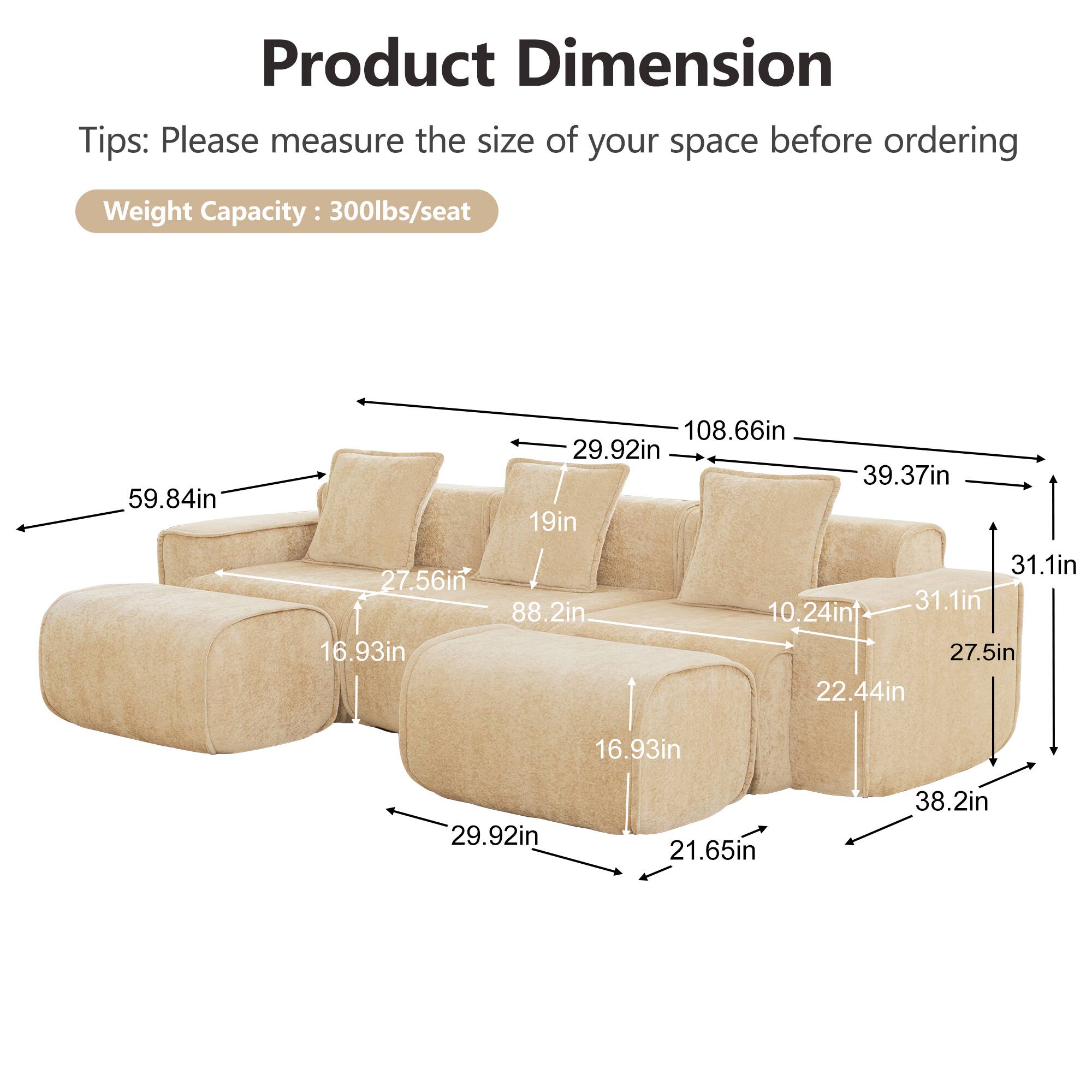 Anysun Streamlined U Shape Velvet Sectional Sofa 3 Seat Boneless Design ...