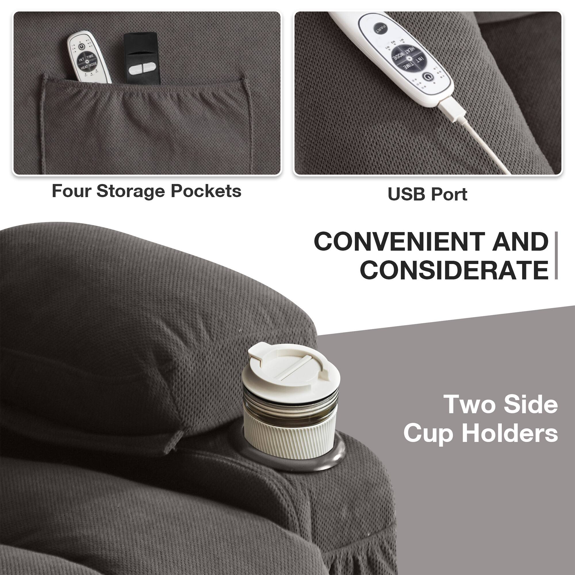 Four Storage Pockets  
USB Port  
Two Side Cup Holders  

CONVENIENT AND CONSIDERATE