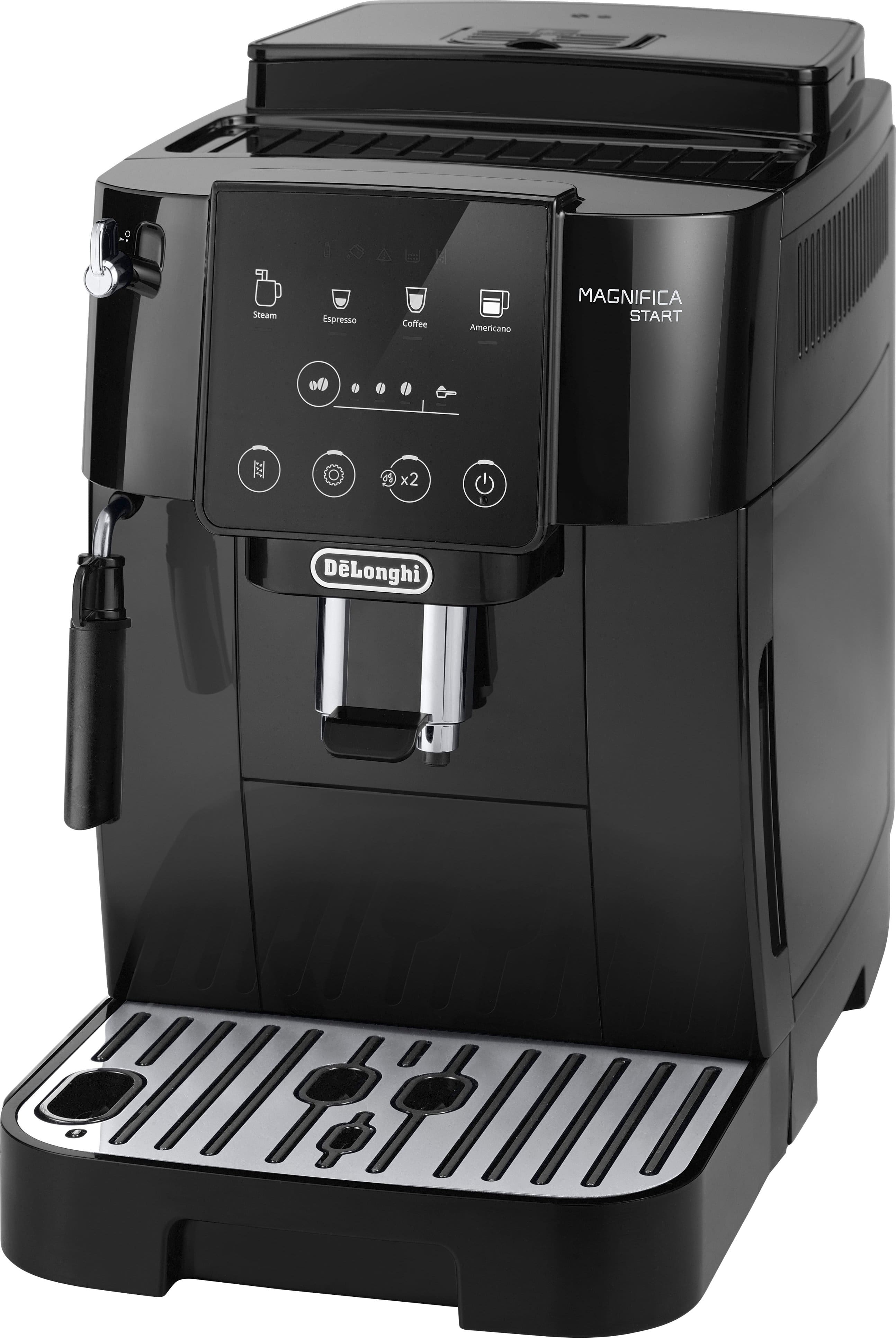 The text on the image reads "Steam Espresso Coffee Americano MAGNIFICA START x2 DLonghi." This text is describing a coffee maker that can make espresso, steam, and coffee. The brand of the coffee maker is DLonghi.