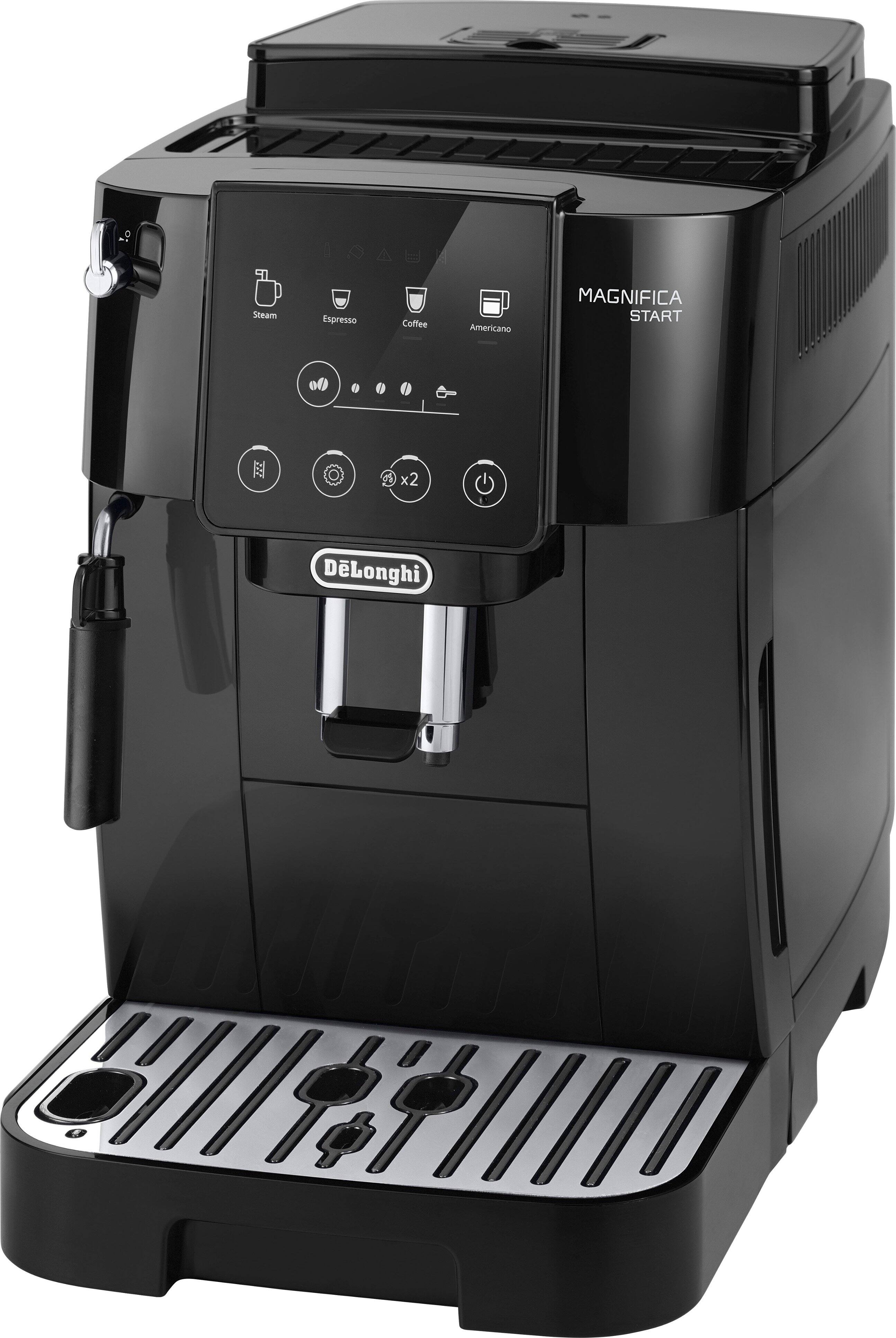 The text on the image reads "Steam Espresso Coffee Americano MAGNIFICA START x2 DLonghi." This text is describing a coffee maker that can make espresso, steam, and coffee. The brand of the coffee maker is DLonghi.