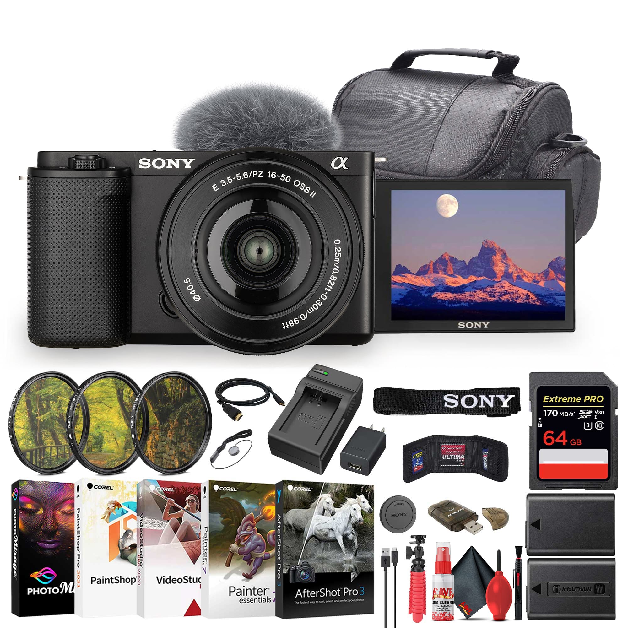 Sony - ZV-E10 Mirrorless Camera with 16-50mm II Lens (Black) + 64GB Card + Filter + More (International Model)
