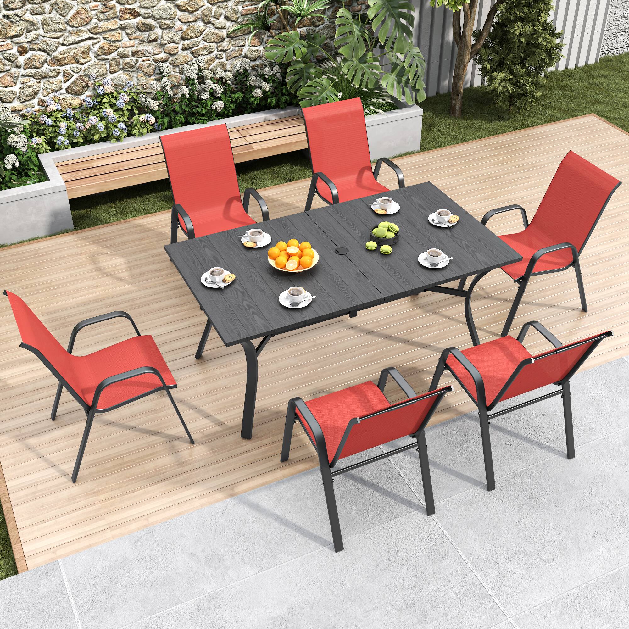 Back. Mondawe - 6-Piece Outdoor Dining Chairs Set, Teslin Fabric and Metal Frame - Black+Red.
