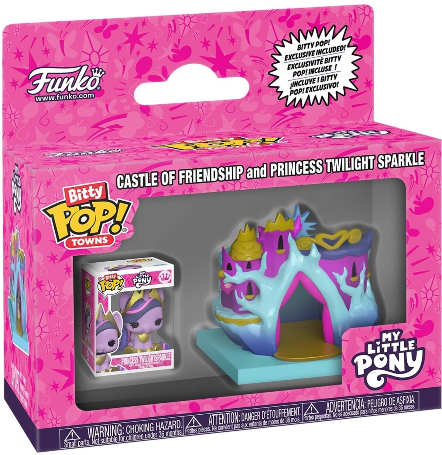 Sure, here is the corrected and grouped text from the image:

---

**Funko**  
www.funko.com

**Bitty Pop!**  
TOWNS

**CASTLE OF FRIENDSHIP and PRINCESS TWILIGHT SPARKLE**

**Bitty Pop!**  
EXCLUSIVE INCLUDED!  
EXCLUSIVIT BITTY INCLUSE !  
POP! I BITTY INCLUVE EXCLUSIVO!  
POP! PRINCESS TWILIGHT SPARKLE

**MY LITTLE PONY**

**WARNING: CHOKING HAZARD**  
Small parts. Not suitable for children under 36 months.

**ATTENTION: DANGER D'ÉTOUFFEMENT**  
Petites pièces. Ne convient pas aux enfants de moins de 36 mois.

**ADVERTENCIA: PELIGRO DE ASFIXIA**  
Partes pequeñas. No es adecuado para niños menores de 36 meses.

---

This text is grouped and corrected for clarity.