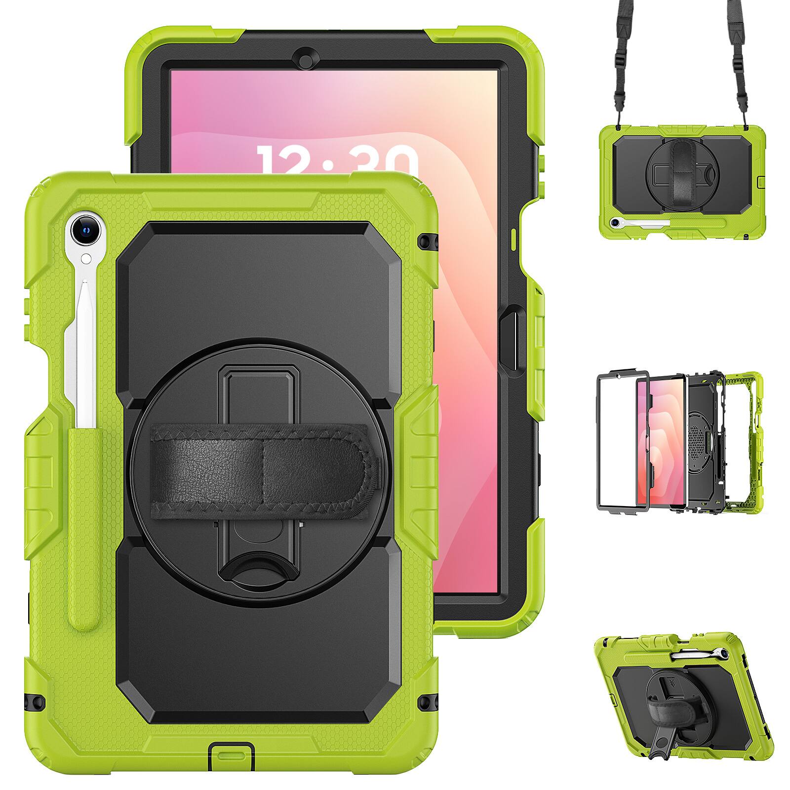 Angle. Dteck - For Samsung Galaxy Tab S11 2025 Shockproof Three-Layer Stand Shoulder Strap Case Built-in Screen Protector - Green.