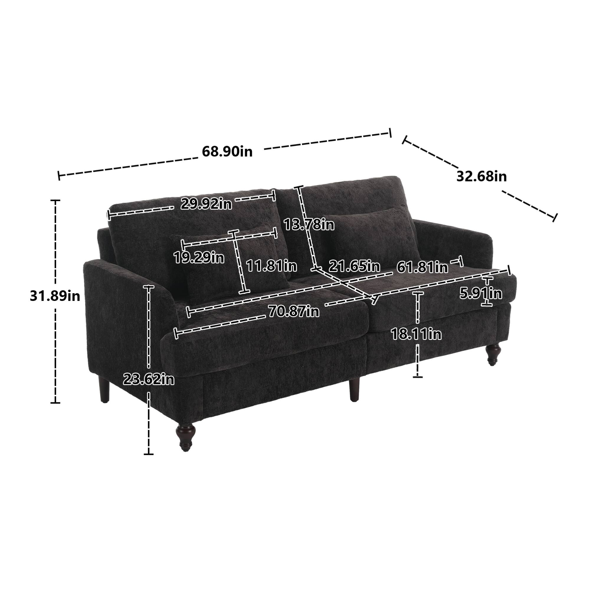 Here are the corrected measurements grouped from the image:

- **Overall Dimensions:**
  - Length: 68.90 in
  - Width: 32.68 in
  - Height: 31.89 in

- **Seat Dimensions:**
  - Depth: 21.65 in
  - Height: 19.29 in
  - Width: 61.81 in

- **Backrest Dimensions:**
  - Height: 31.89 in
  - Width: 68.90 in
  - Depth: 29.92 in

- **Armrest Dimensions:**
  - Height: 11.81 in
  - Width: 29.92 in

- **Leg Dimensions:**
  - Height: 5.91 in
  - Width: 23.62 in

- **Additional Dimensions:**
  - Seat Depth: 21.65 in
  - Seat Height: 19.29 in
  - Seat Width: 61.81 in
  - Backrest Height: 31.89 in
