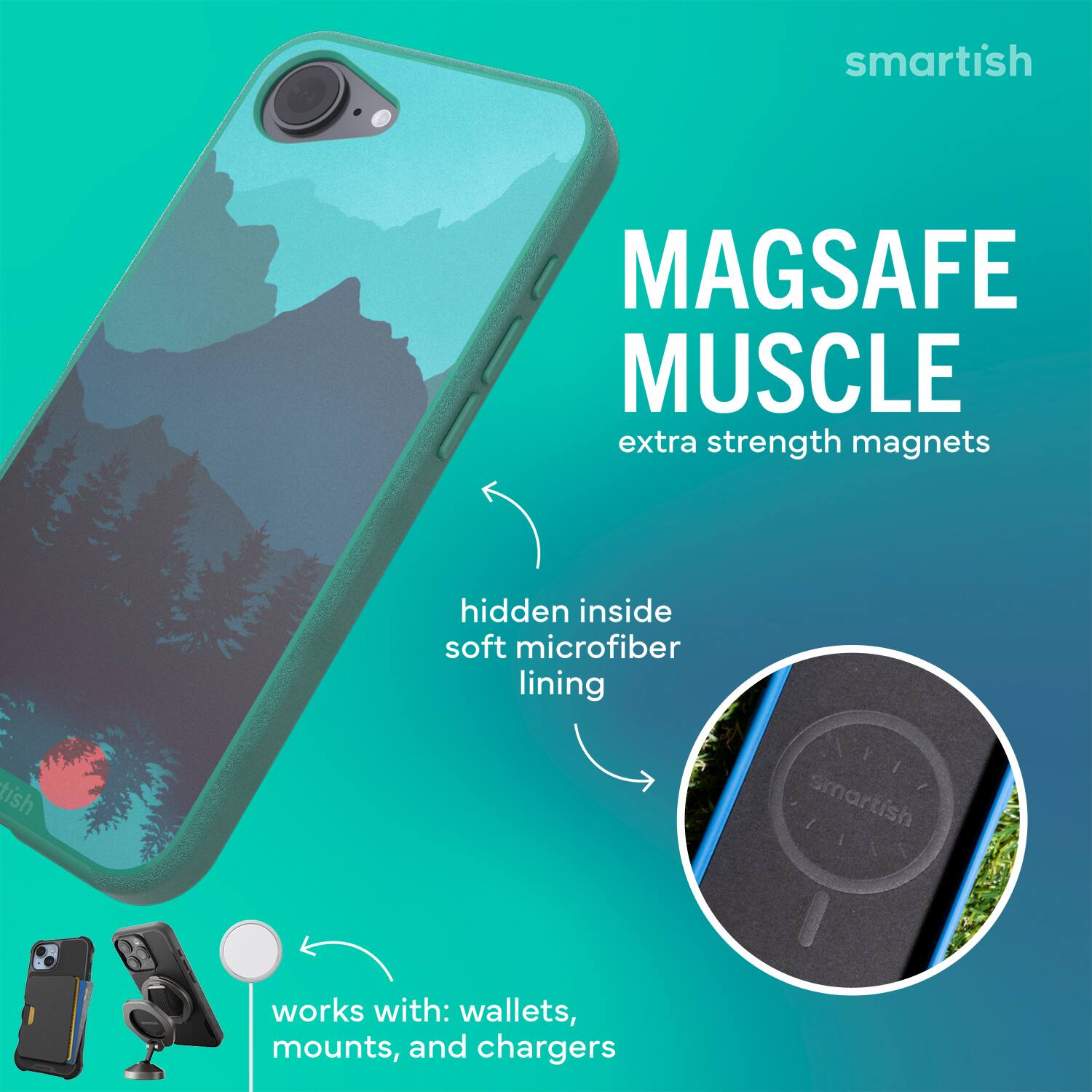 smartish MAGSAFE MUSCLE extra strength magnets hidden inside soft microfiber lining

works with: wallets, mounts, and chargers