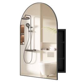 WELLFOR - 34 x 22 in Arched Mirror Medicine Cabinet with Brushed Metal Frame and Adjustable Glass Shelves - Black
