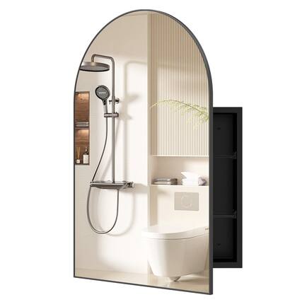 Front. WELLFOR - 34 x 22 in Arched Mirror Medicine Cabinet with Brushed Metal Frame and Adjustable Glass Shelves - Black.