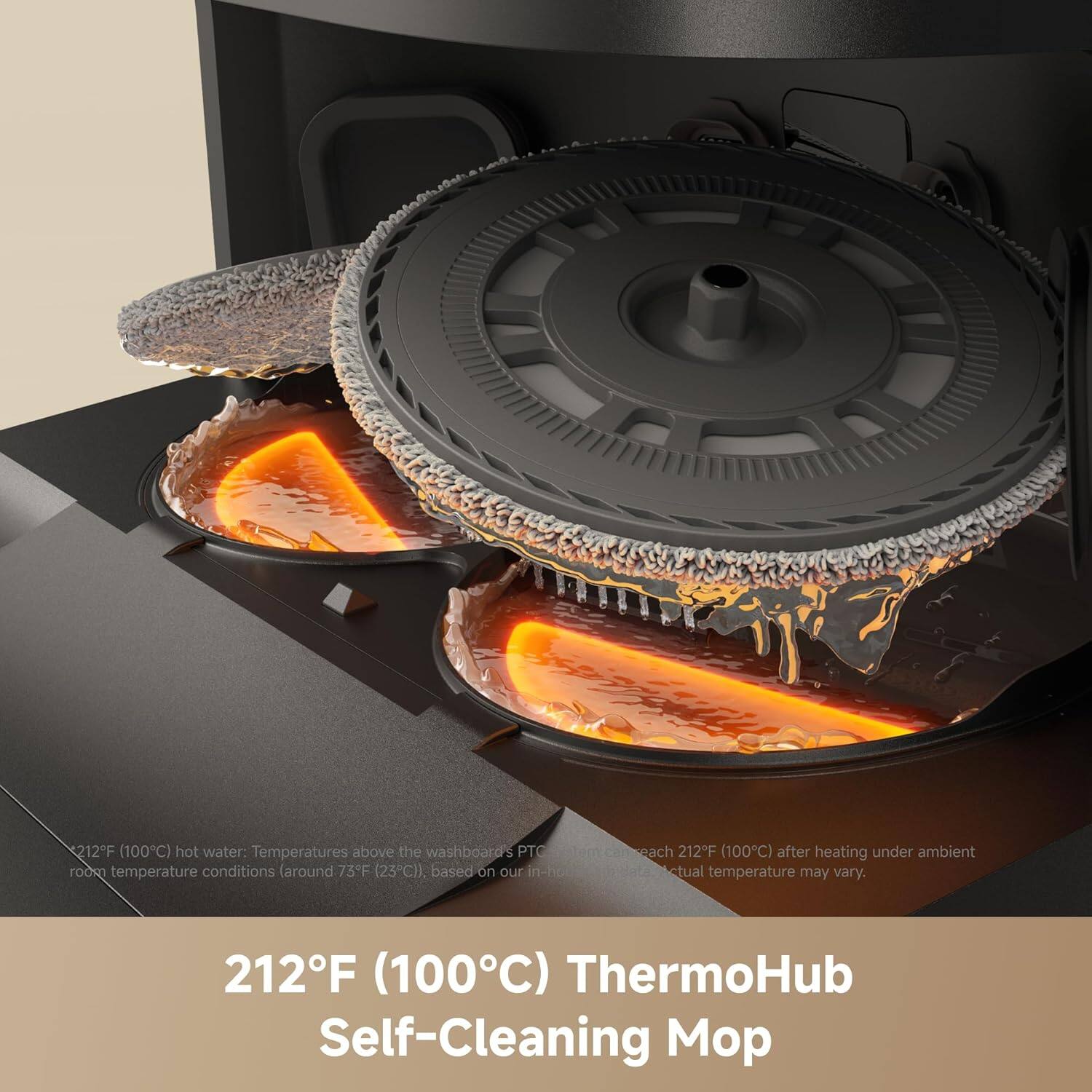 212°F (100°C) hot water: Temperatures above the washboard's PTG room temperature conditions (around 73°F (23°C)), based on our in-room temperature after heating under ambient conditions. 212°F (100°C) ThermoHub Self-Cleaning Mop