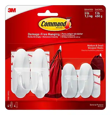 3M Command Brand
Damage-Free Hanging
Para colgar sin dañar
Holds Strongly - Removes Cleanly
No deja residuos
Medium & Small Designer Hooks
Ganchos medianos y pequeños
3 lb / 1.3 kg
1 lb / 450 g
General Purpose
Propósito General