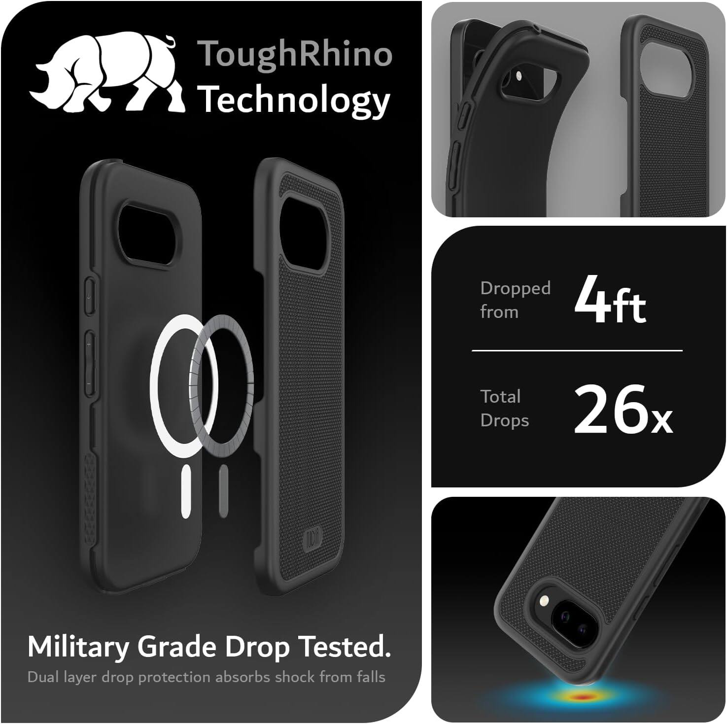 ToughRhino Technology

Dropped from 4ft  
Total Drops 26x

Military Grade Drop Tested.  
Dual layer drop protection absorbs shock from falls