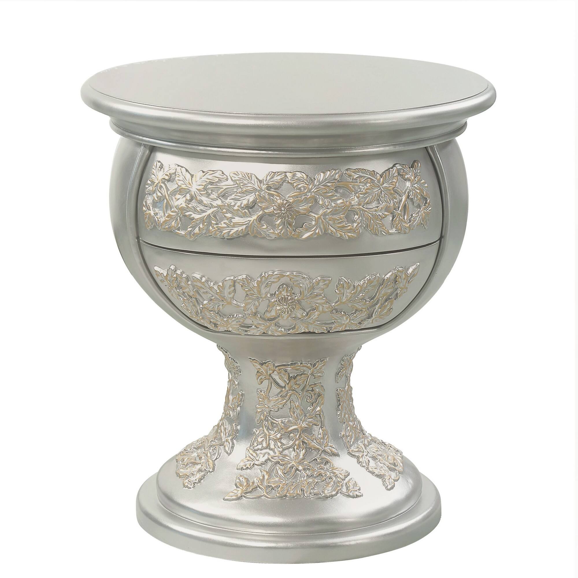 Front. Manhattan Lane - Deneb 30 Inch Luxury Round Nightstand,  Floral Motifs, Vintage - Silver, Gold.