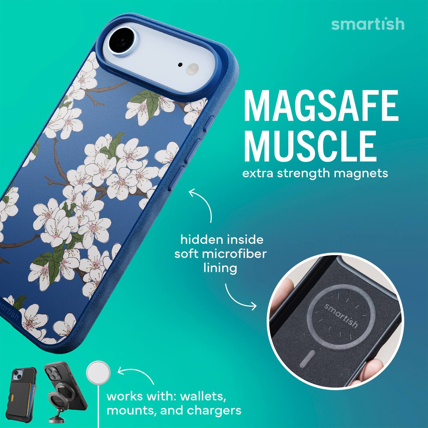 smartish MAGSAFE MUSCLE extra strength magnets hidden inside soft microfiber lining smartish works with: wallets, mounts, and chargers