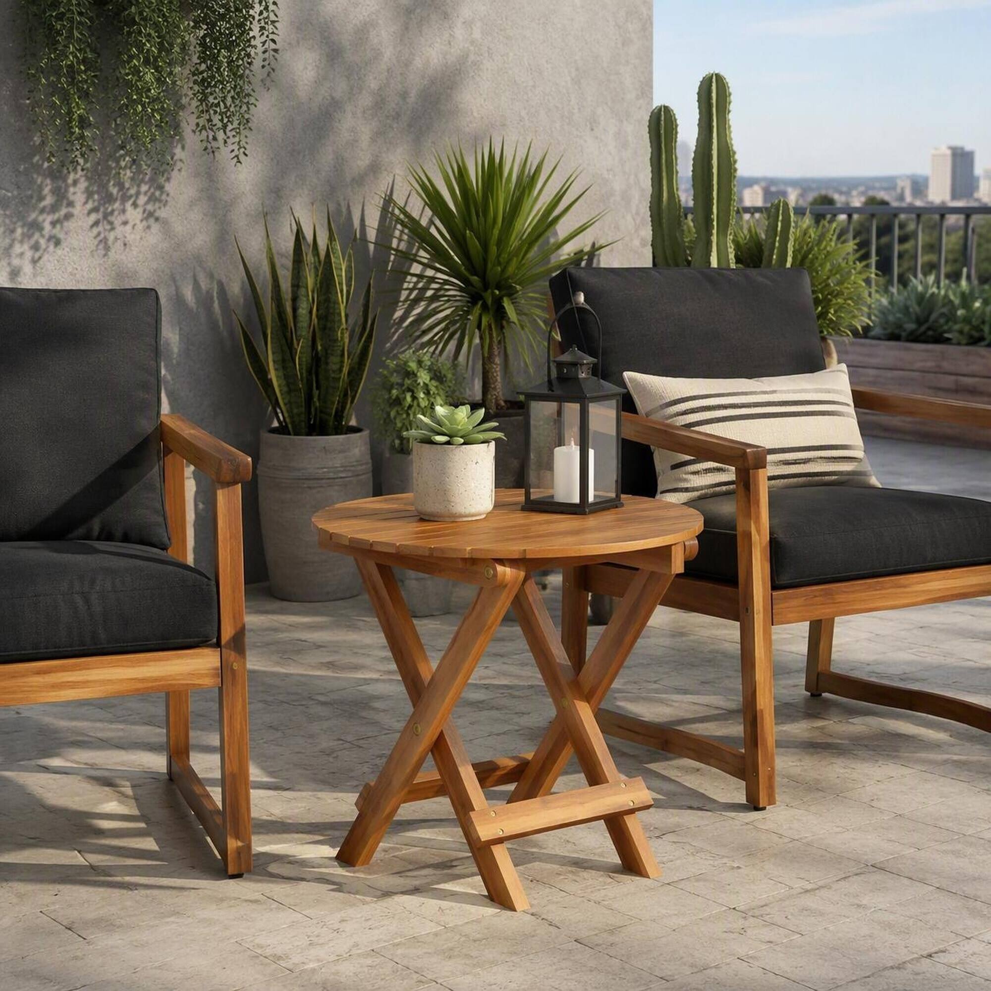 Left. RYHNUYNE - Outdoor Folding Round Side Table Solid Acacia Wood Portable Patio End Table for Backyard Balcony Garden - Teak.