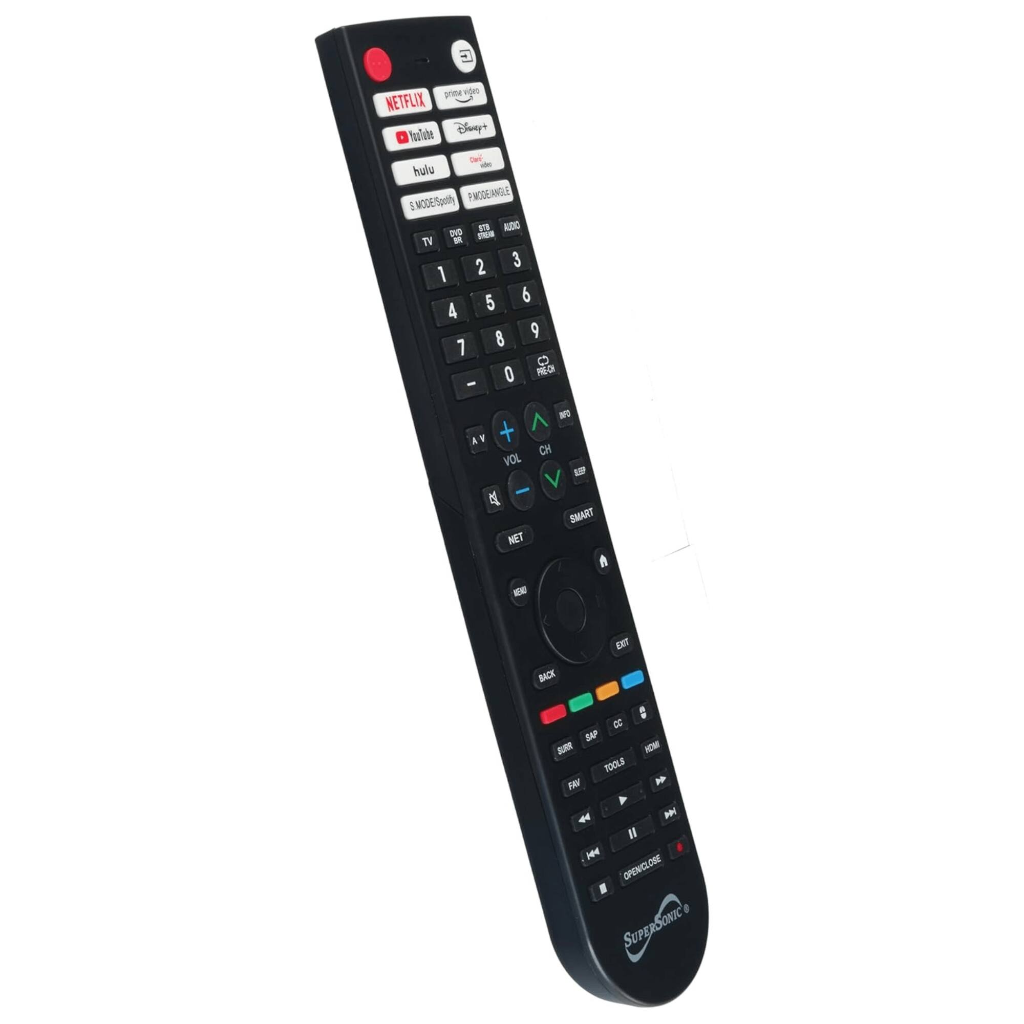 Sure, here is the corrected and grouped text from the image:

**Top Section:**
- NETFLIX
- prime video
- YouTube
- Disney+
- hulu
- S MODE/SOUND
- PHOENIX

**Number Pad:**
- 1 2 3
- 4 5 6
- 7 8 9
- 0

**Middle Section:**
- TV
- DVD
- STB
- AUX
- AV
- VOL
- CH
- MENU
- EXIT
- BACK
- DTV
- SMART
- OPEN/CLOSE

**Bottom Section:**
- BURR
- SAP
- CC
- TOOLS
- FAV
- OPEN/CLOSE

**Branding:**
- Super Sonic
