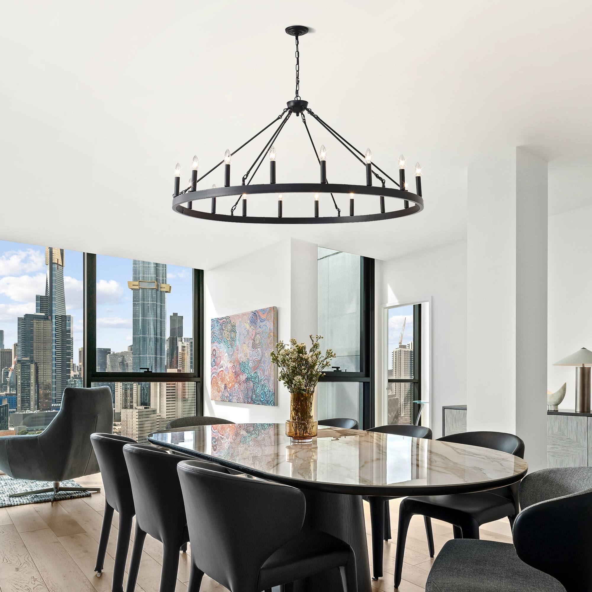 Alt View 2. Boyel Living - 53.15 Inch Matte Black Wagon Wheel Chandelier With 18 light No Bulbs E12.
