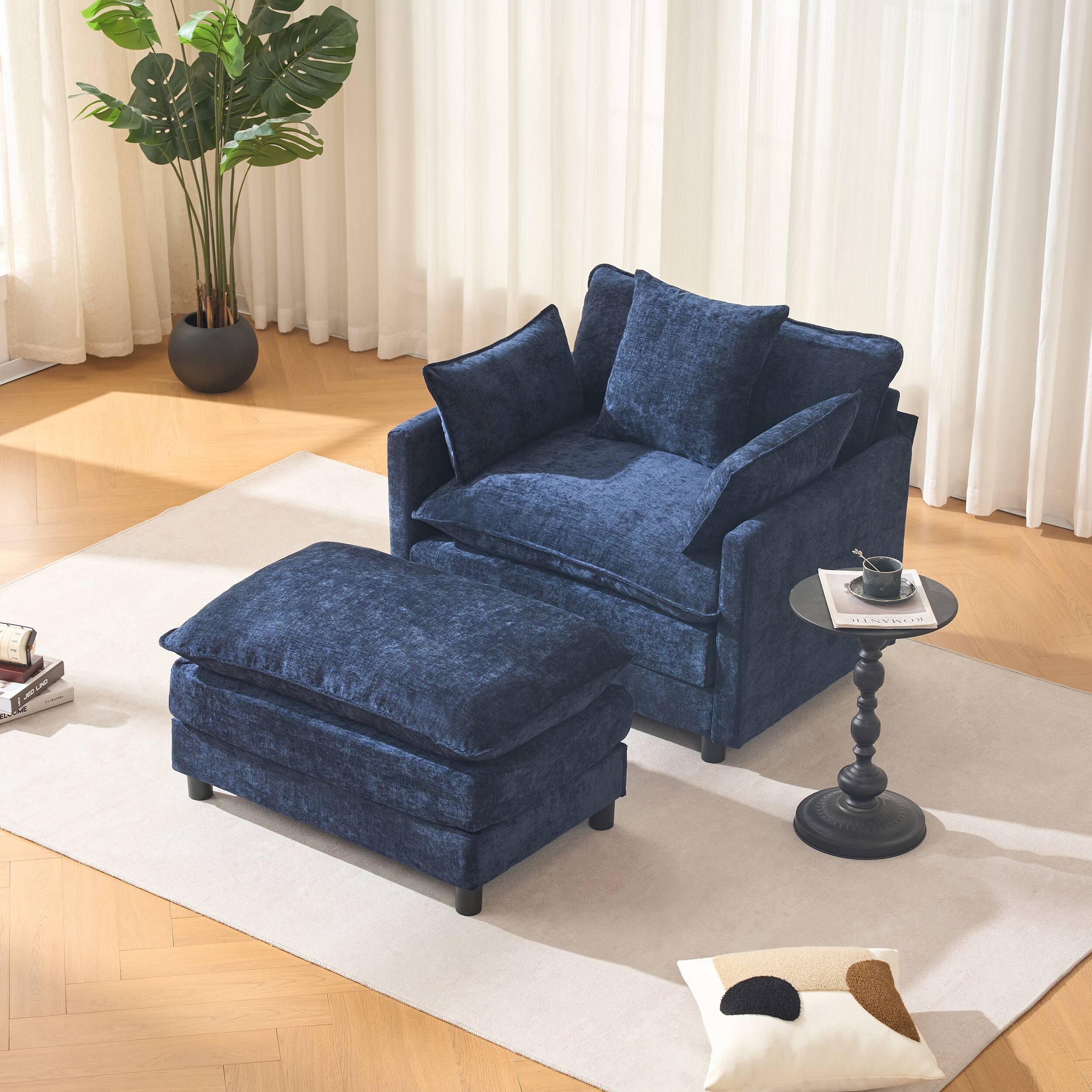 Alt View 2. Meqiodas - 39.4" Modern Accent Chair with Ottoman, Living Room Club Chair Chenille Upholstered Armchair , Reading Chair for Bedroom - Blue.