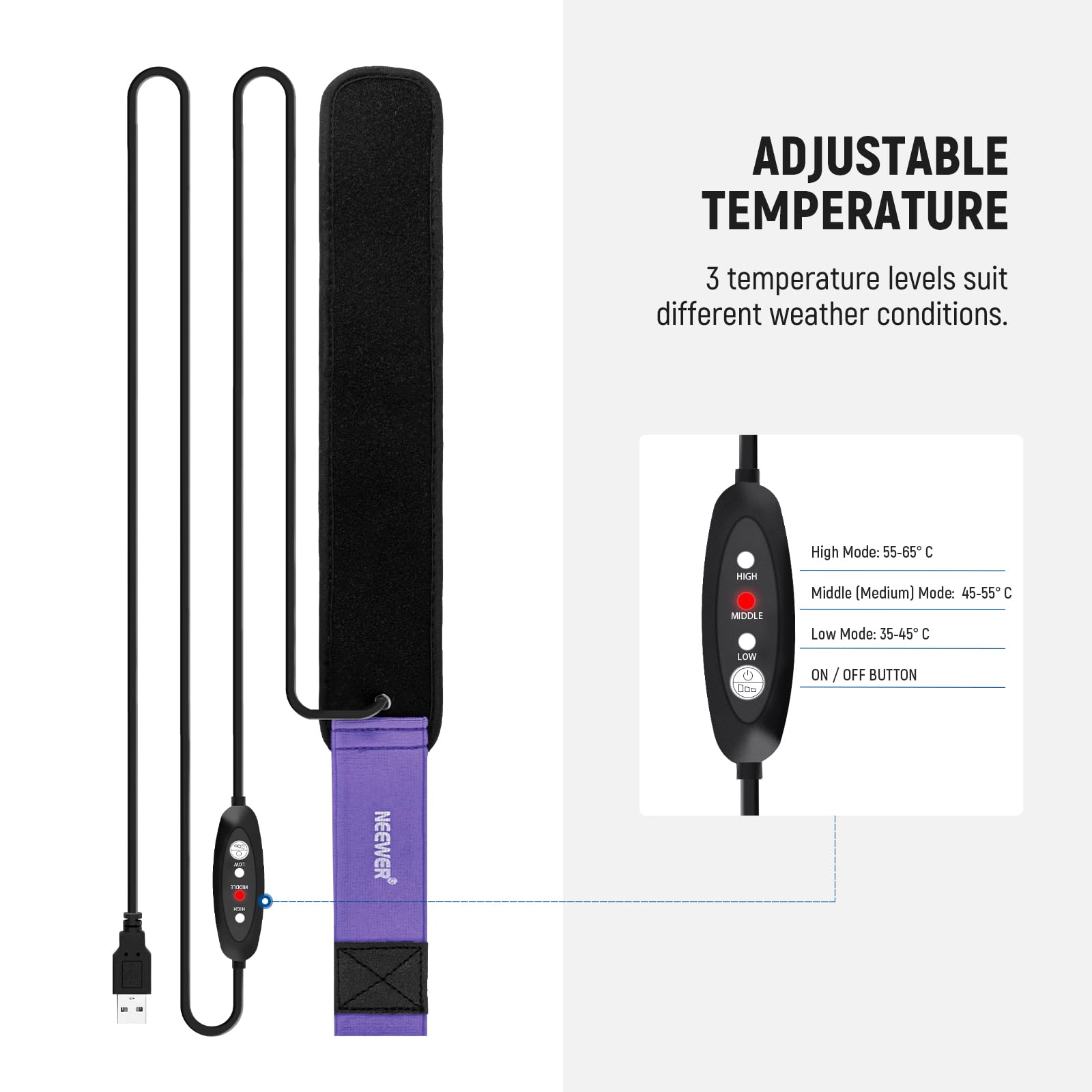 ADJUSTABLE TEMPERATURE

3 temperature levels suit different weather conditions.

High Mode: 55-65°C  
Middle (Medium) Mode: 45-55°C  
Low Mode: 35-45°C  

ON / OFF BUTTON