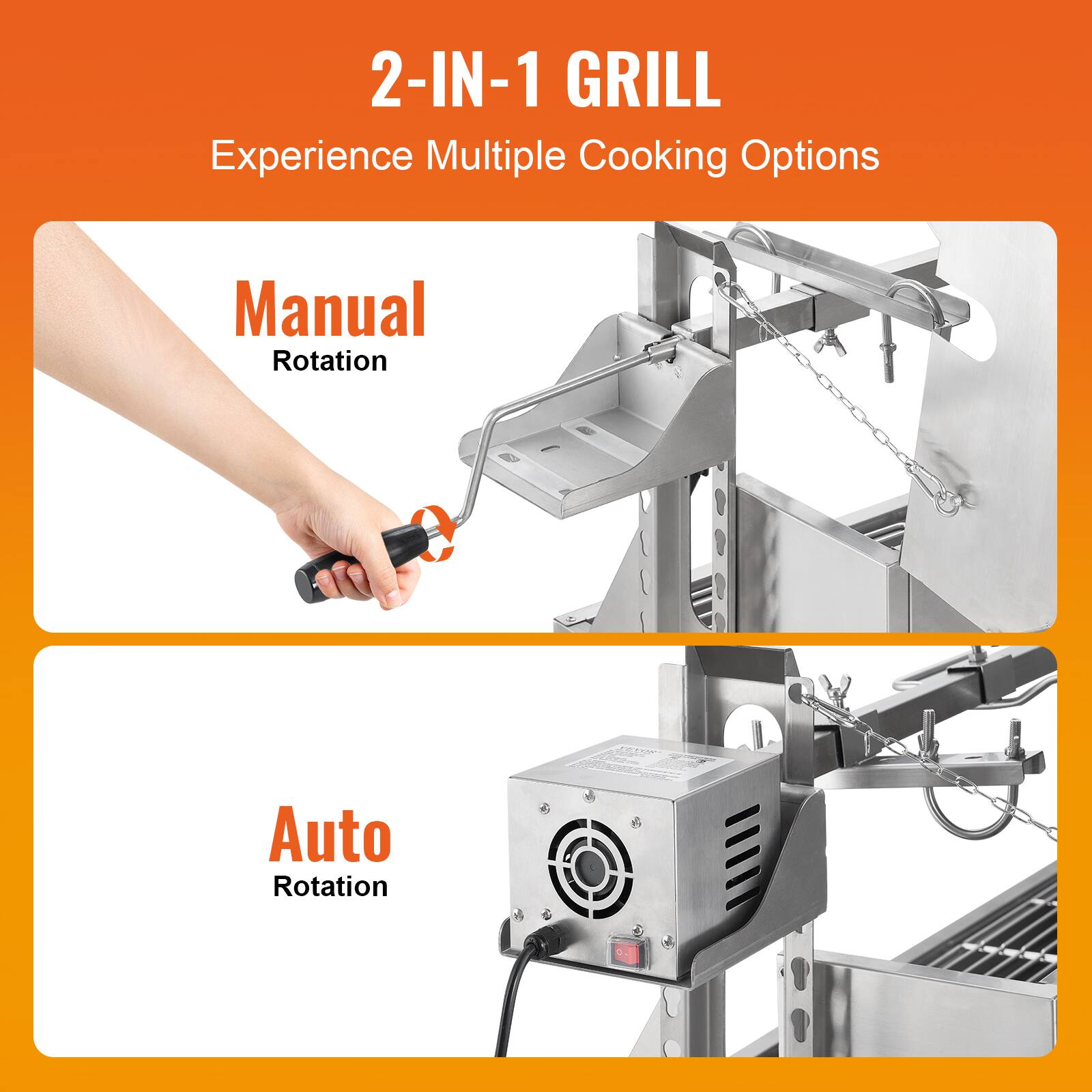 2-IN-1 GRILL
Experience Multiple Cooking Options
Manual Rotation
Auto Rotation