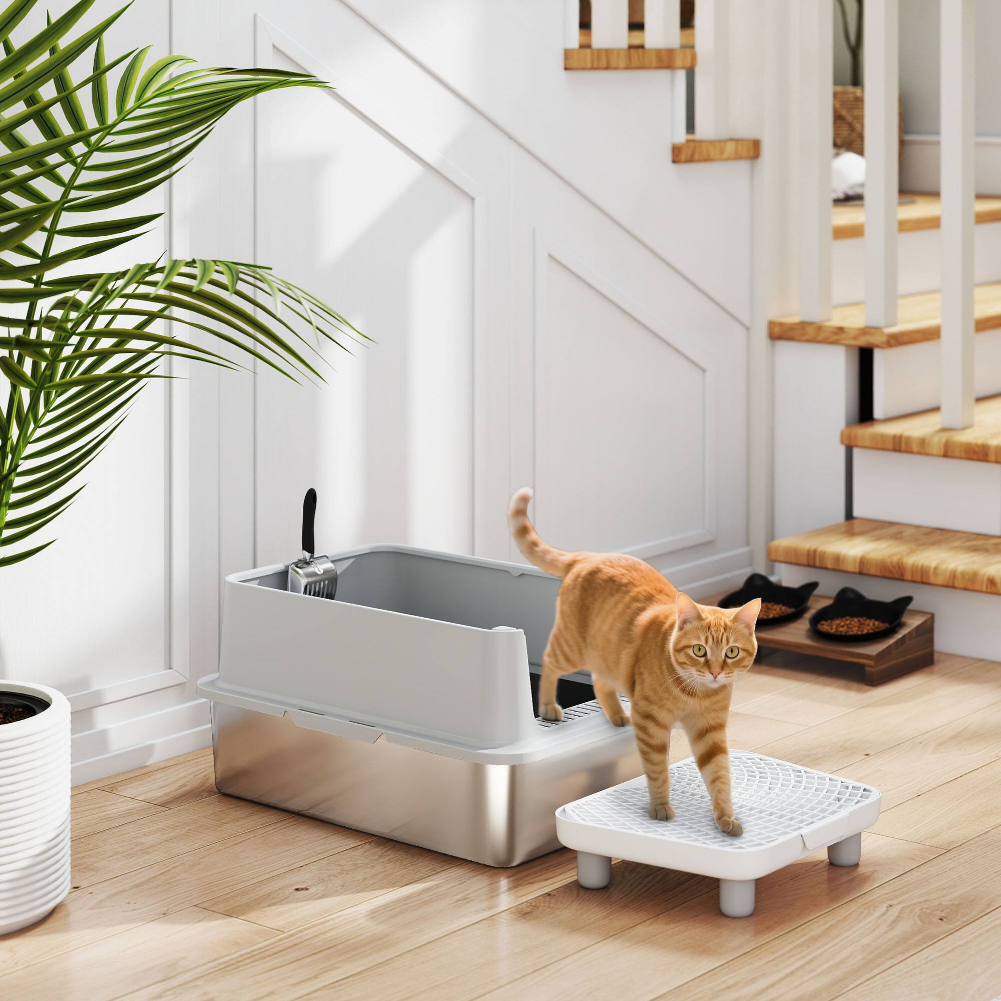 Alt View 1. Pawhut - Large Stainless Steel Cat Litter Box with Scoop & Pad, Anti-Urine Leakage - Gray.