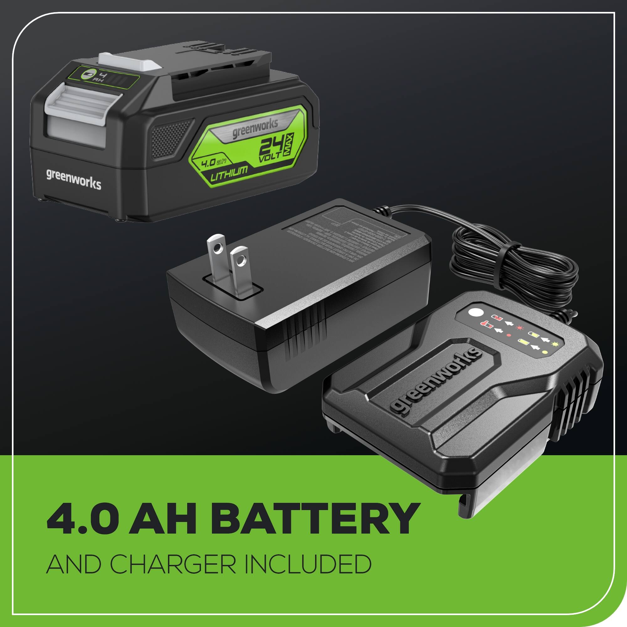 Mr. O Greenworks Greenworks 24 T MAX E VOLT 4.0 LITHIUM Greenworks 4.0 BATTERY AND CHARGER INCLUDED