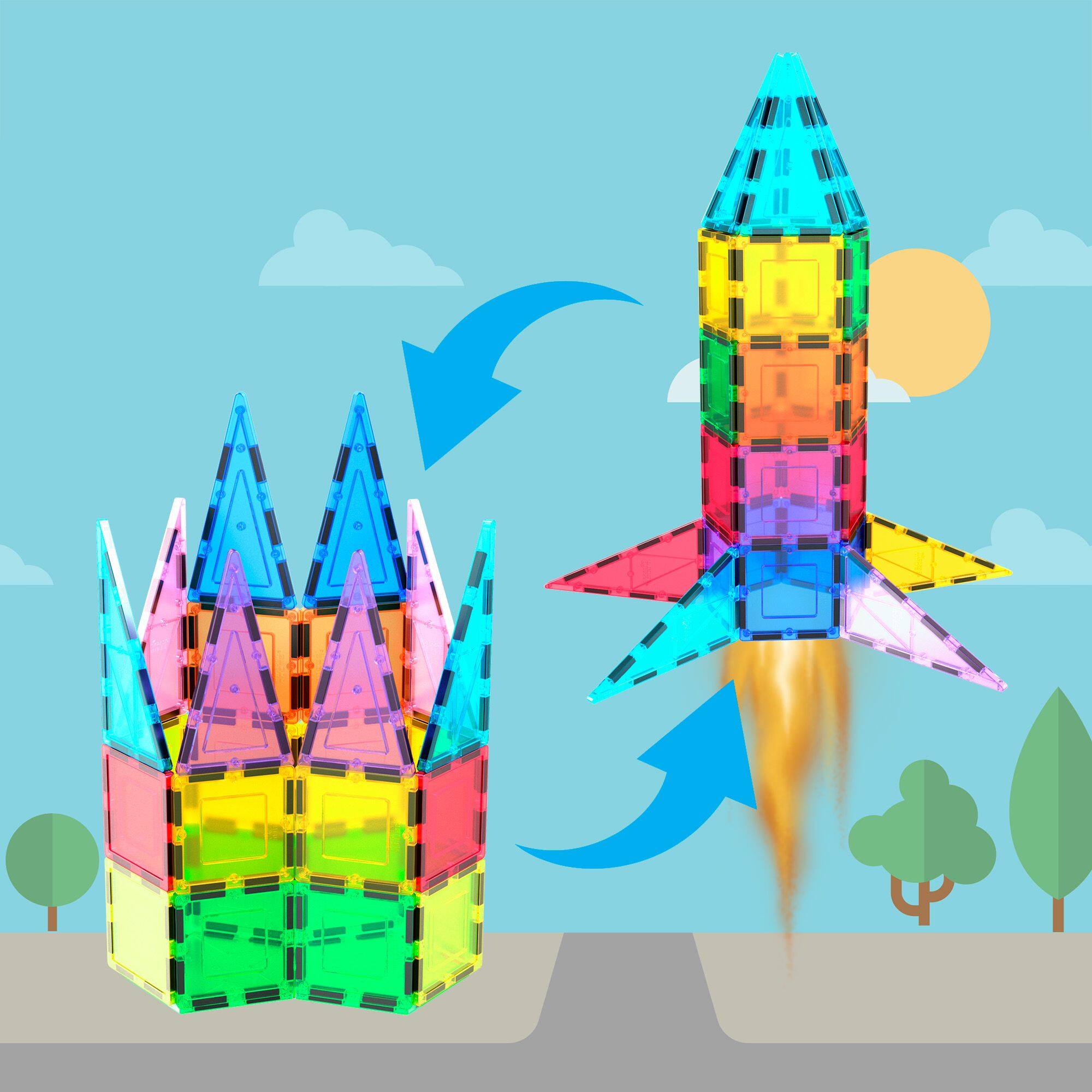 Alt View 4. PicassoTiles - PICASSO-TILES Magnetic Tiles for Kids, 32PCS Rocket Theme Construction STEM Building Blocks Educational Toy - Multicolor.