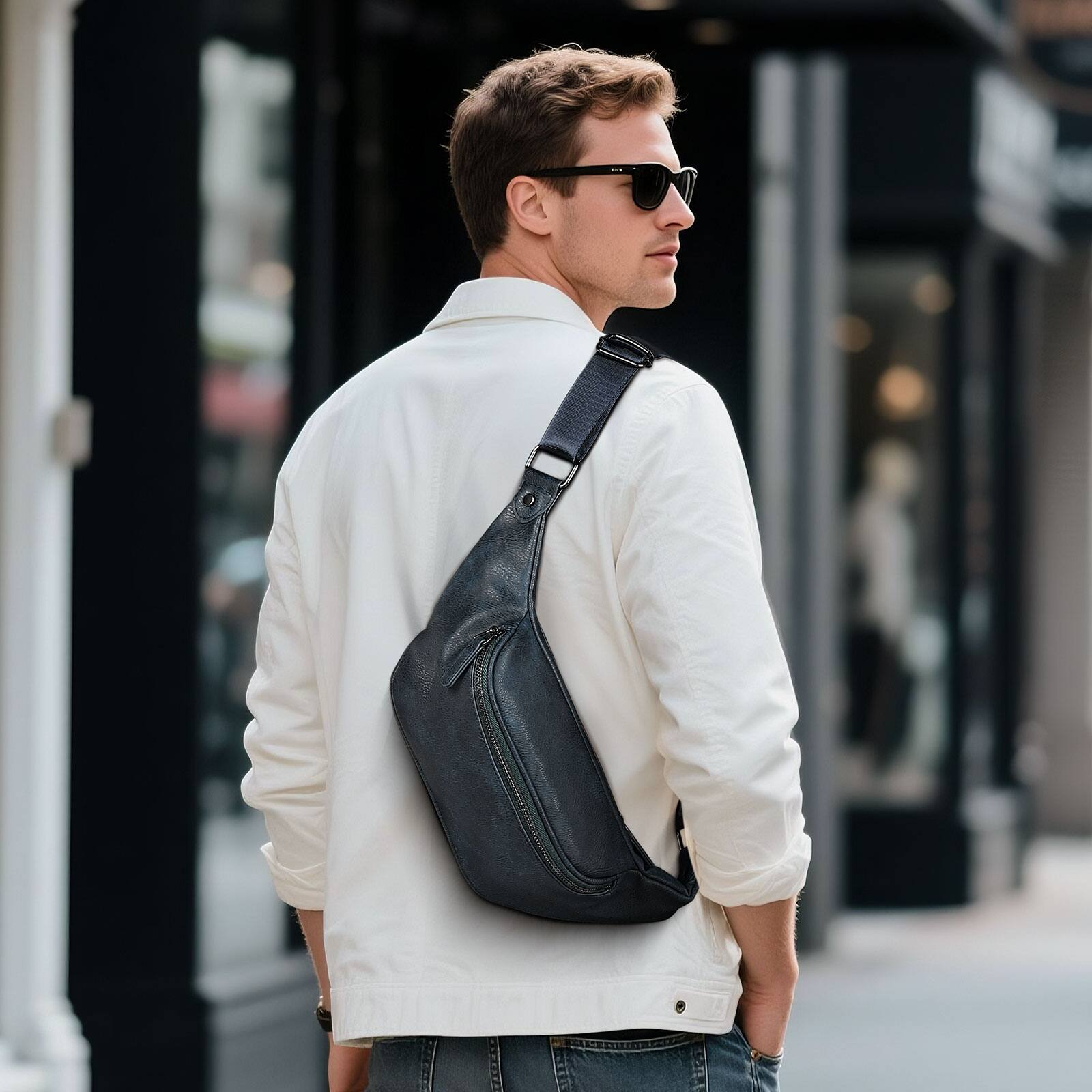 Alt View 1. Unique Bargains - Soft Faux Leather Fanny Pack Crossbody Waist Pack with Adjustable Strap Large Pocket Sturdy Zippers for Travel Hiking - Navy Blue.