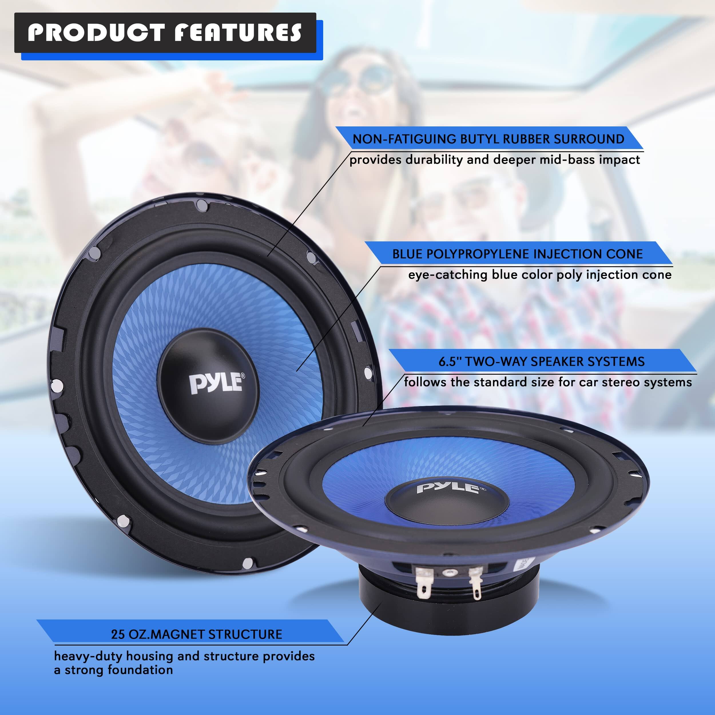 PRODUCT FEATURES

- NON-FATIGUING BUTYL RUBBER SURROUND: provides durability and deeper mid-bass impact
- BLUE POLYPROPYLENE INJECTION CONE: eye-catching blue color poly injection cone
- 6.5" TWO-WAY SPEAKER SYSTEMS: follows the standard size for car stereo systems
- 25 OZ. MAGNET STRUCTURE: heavy-duty housing and structure provides a strong foundation