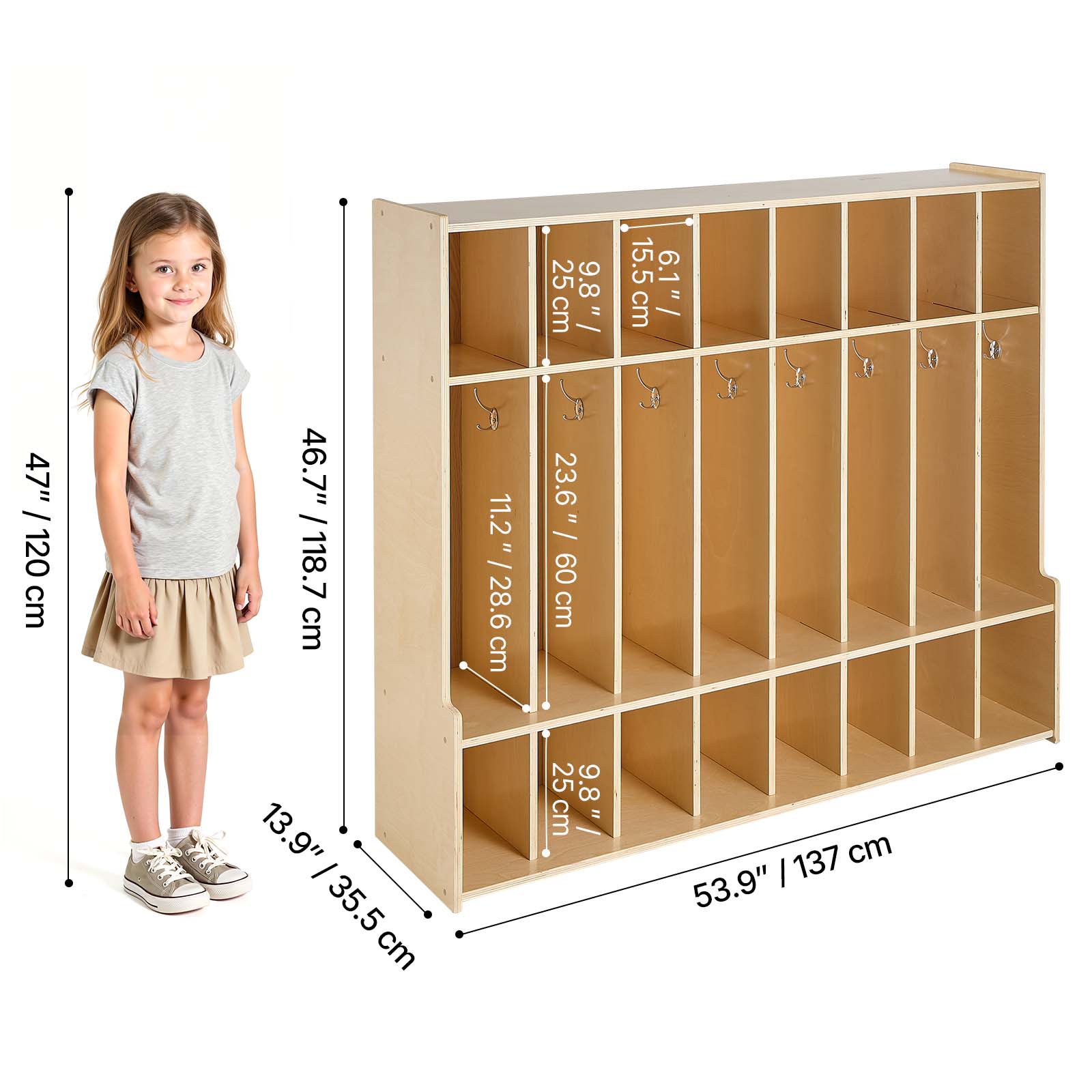 - Height: 46.7" / 118.7 cm
- Width: 53.9" / 137 cm
- Depth: 13.9" / 35.5 cm
- Drawer dimensions:
  - Height: 11.2" / 28.6 cm
  - Width: 23.6" / 60 cm
  - Depth: 9.8" / 25 cm