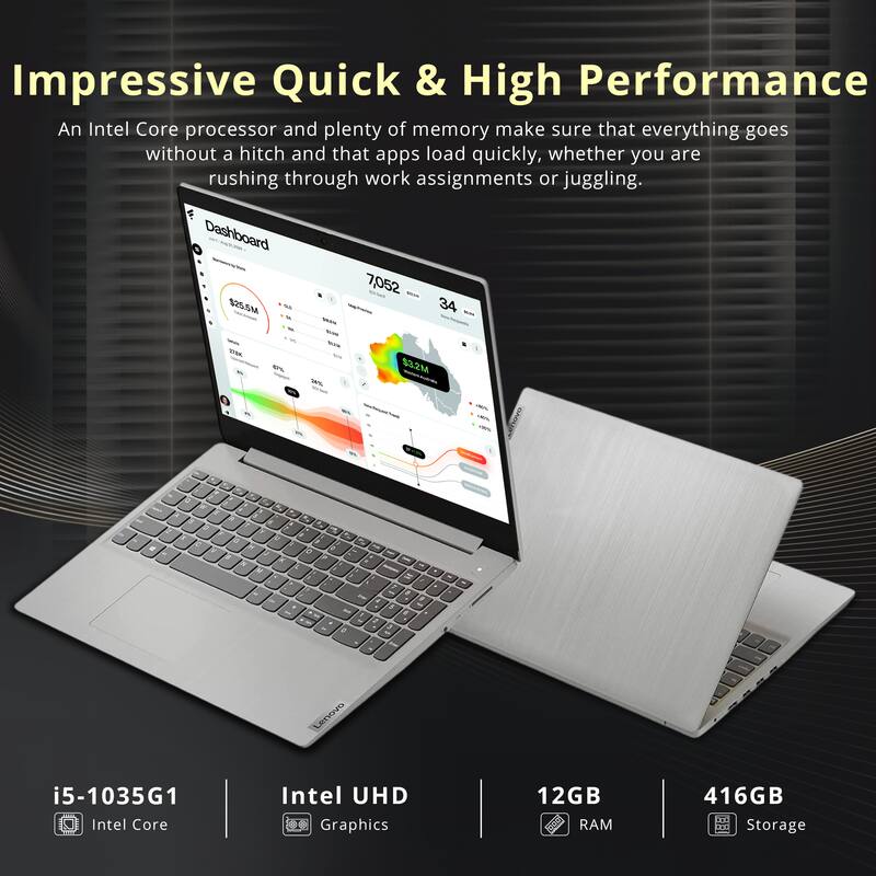 Impressive Quick & High Performance

An Intel Core processor and plenty of memory make sure that everything goes without a hitch and that apps load quickly, whether you are rushing through work assignments or juggling.

- i5-1035G1 Intel Core
- Intel UHD Graphics
- 12GB RAM
- 416GB Storage