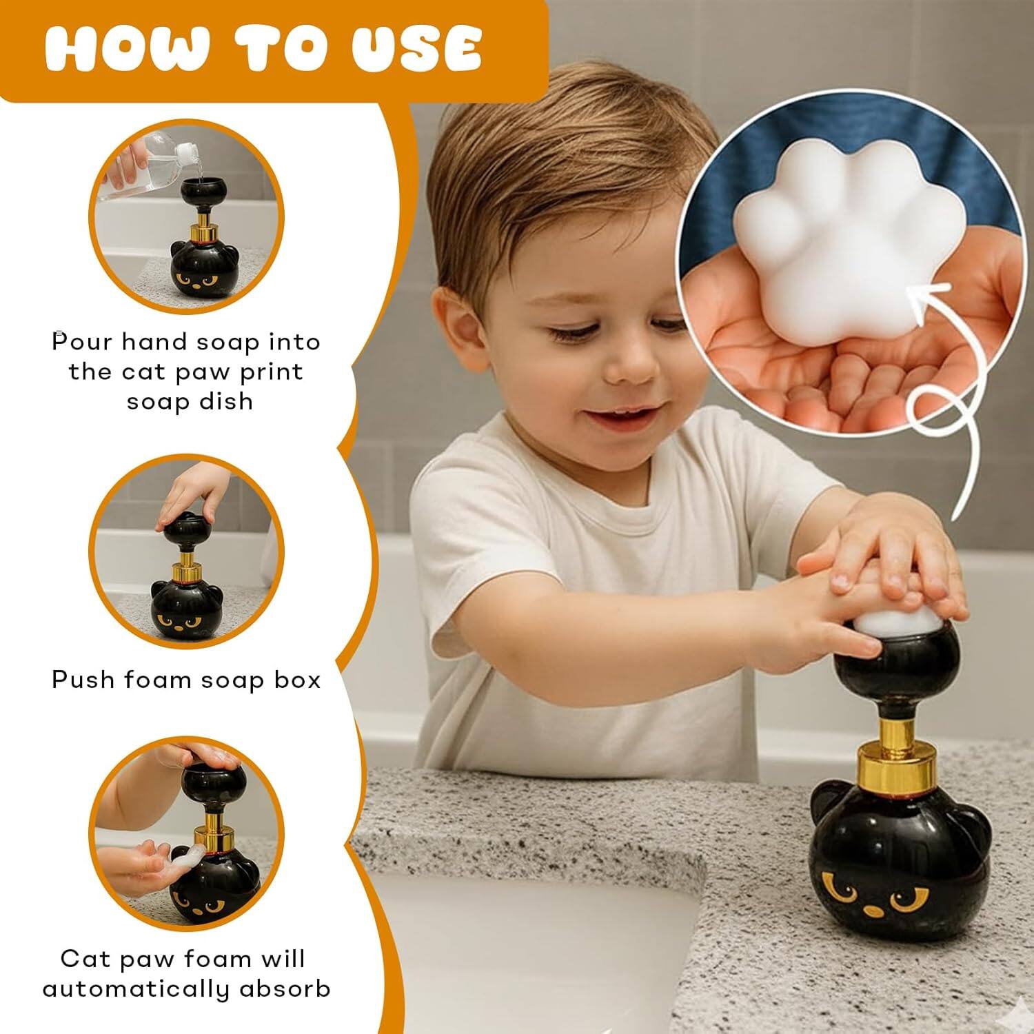 Sure, here is the corrected and grouped text:

---

**HOW TO USE**

1. Pour hand soap into the cat paw print soap dish
2. Push foam soap box
3. Cat paw foam will automatically absorb

---