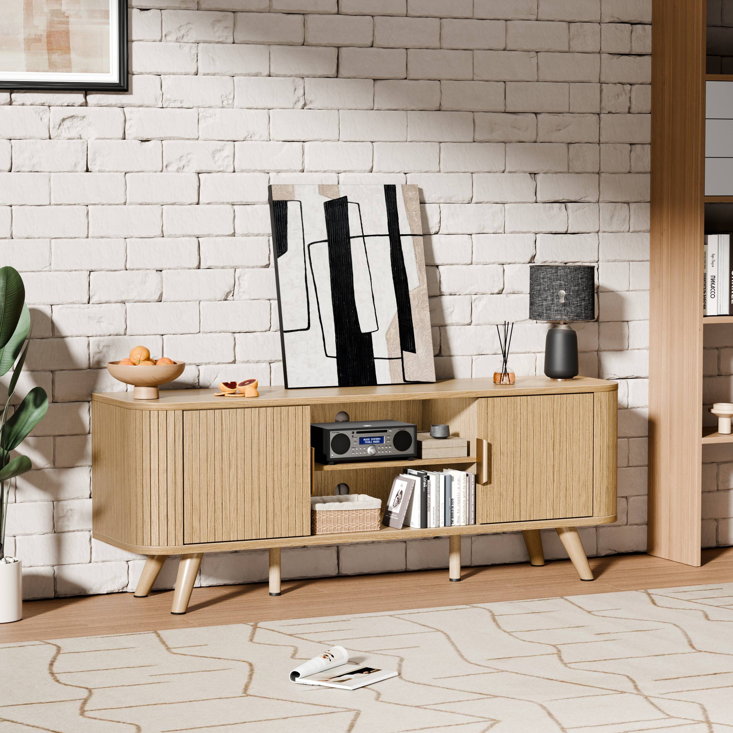 Back. Furnulem - 55 Inch Fluted TV Stand 3 Door Media Console with Adjustable Shelves - Yellow.