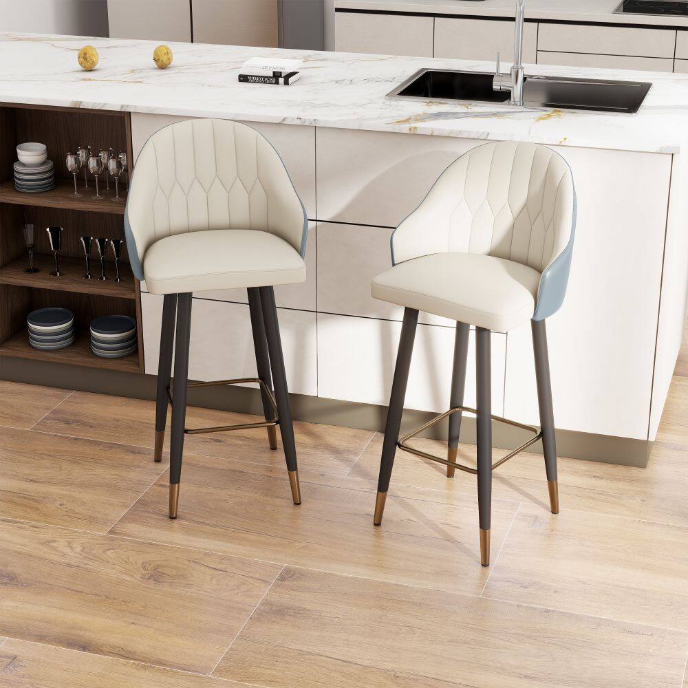 Angle. POVISON - 30" Modern Bar Stools Set of 2, Leather Bar Stools with Backs, Upholstered Bar Stools, Beige Bar Stools, Blue - Blue PU Leather.