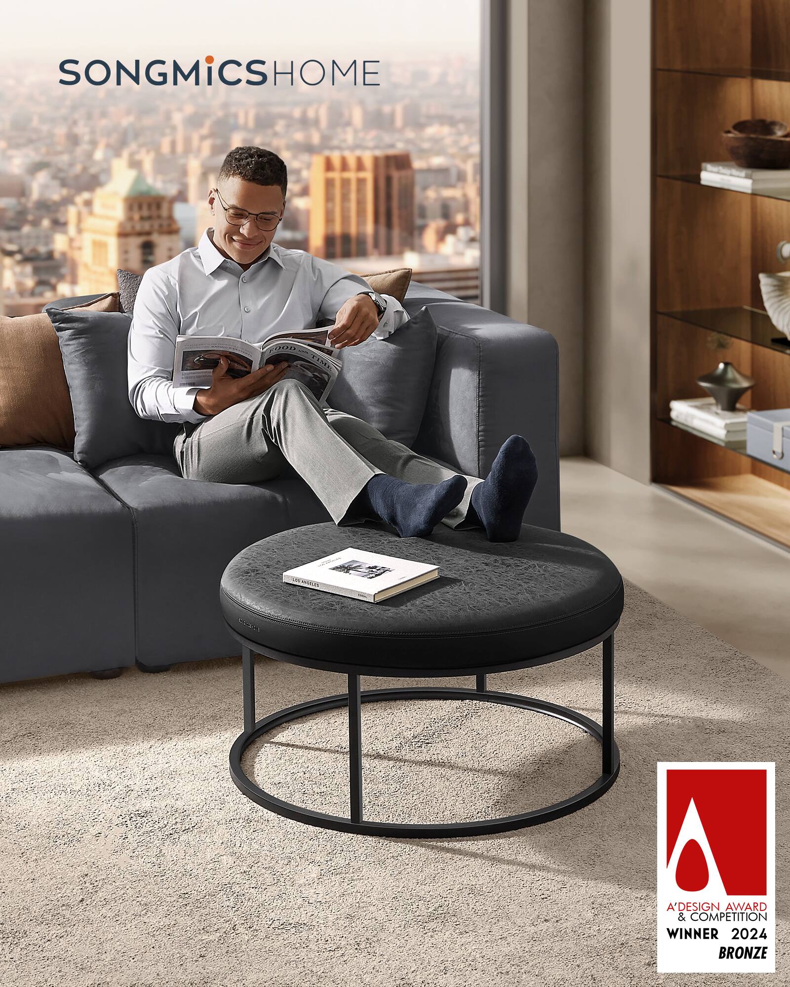 Songmics Home Ottoman, Round Coffee Table, Footstool, Reversible