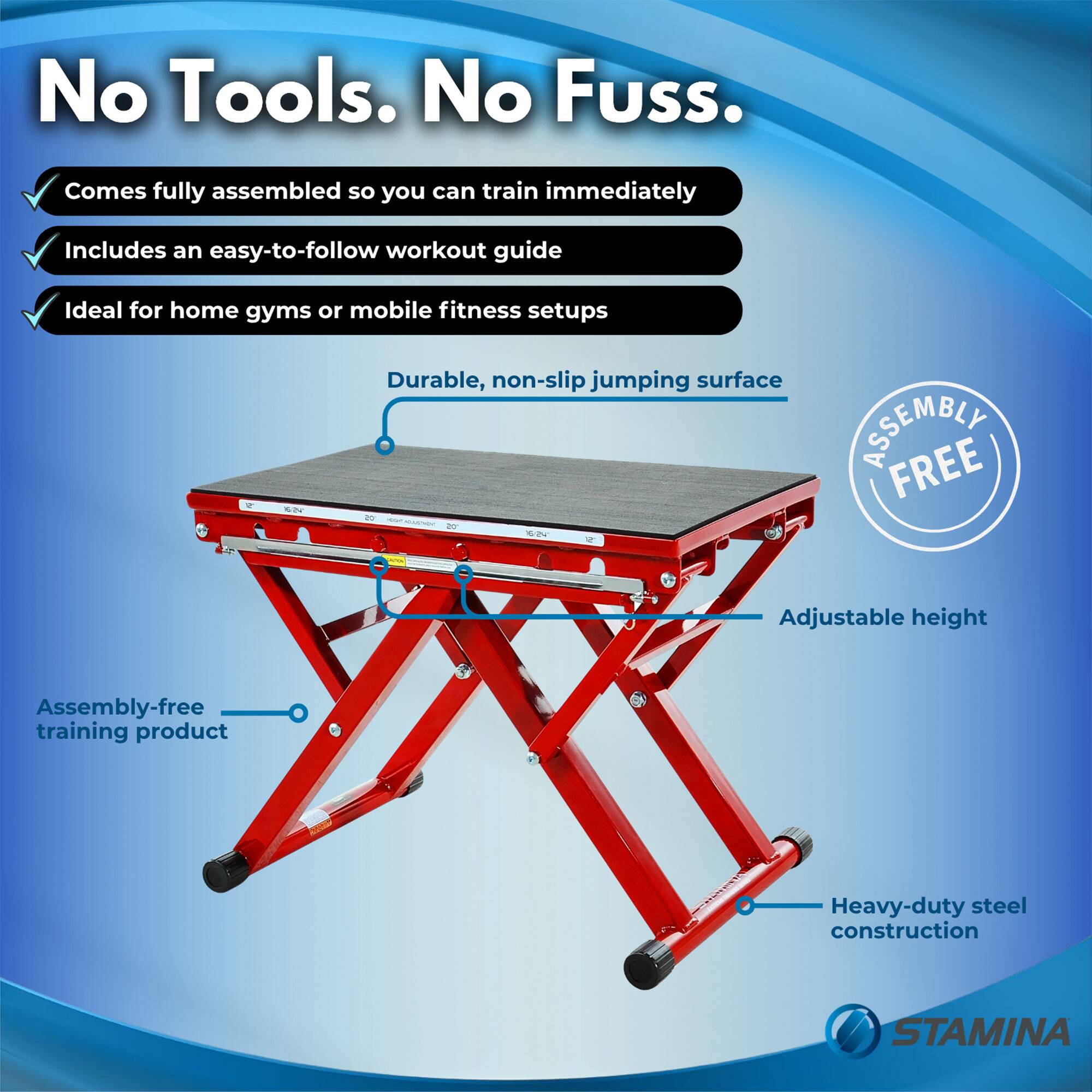 No Tools. No Fuss.

- Comes fully assembled so you can train immediately
- Includes an easy-to-follow workout guide
- Ideal for home gyms or mobile fitness setups

Durable, non-slip jumping surface

Assembly-free training product

Adjustable height

Heavy-duty steel construction

ASSEMBLY FREE