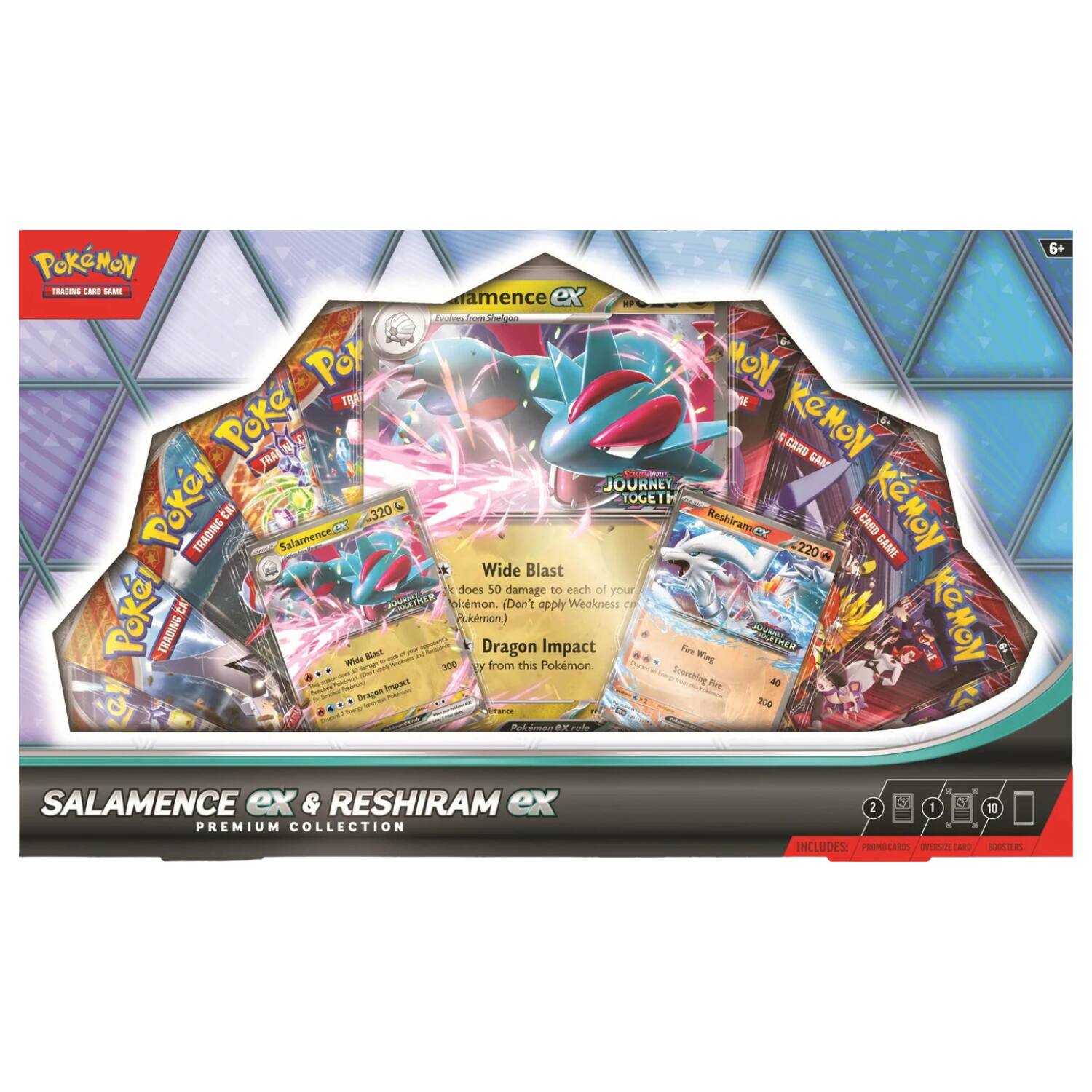 **Pokémon Trading Card Game**

**Salamence ex & Reshiram ex Premium Collection**

**Includes:**
- 10 Premium Cards
- 1 Oversized Card
- 10 Blister Packs

**Salamence ex**
- Wide Blast: Does 50 damage to each of your opponent's Pokémon. (Don't apply Weakness or Resistance to this Pokémon.)
- Dragon Impact: 300

**Reshiram ex**
- Fire Wing: Scorching Fire 40
- Dragon Impact: 300

**Pokémon Journey Together**

**6+**