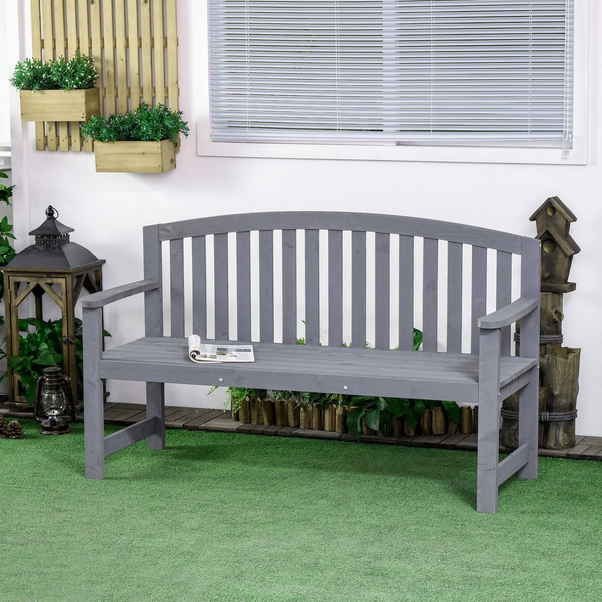 Alt View 7. Resenkos - Resenkos 56" Outdoor Bench, 2-Person Wooden Seat, Back & Arm Support, Patio, Porch, Poolside, Balcony, Gray - Gray.