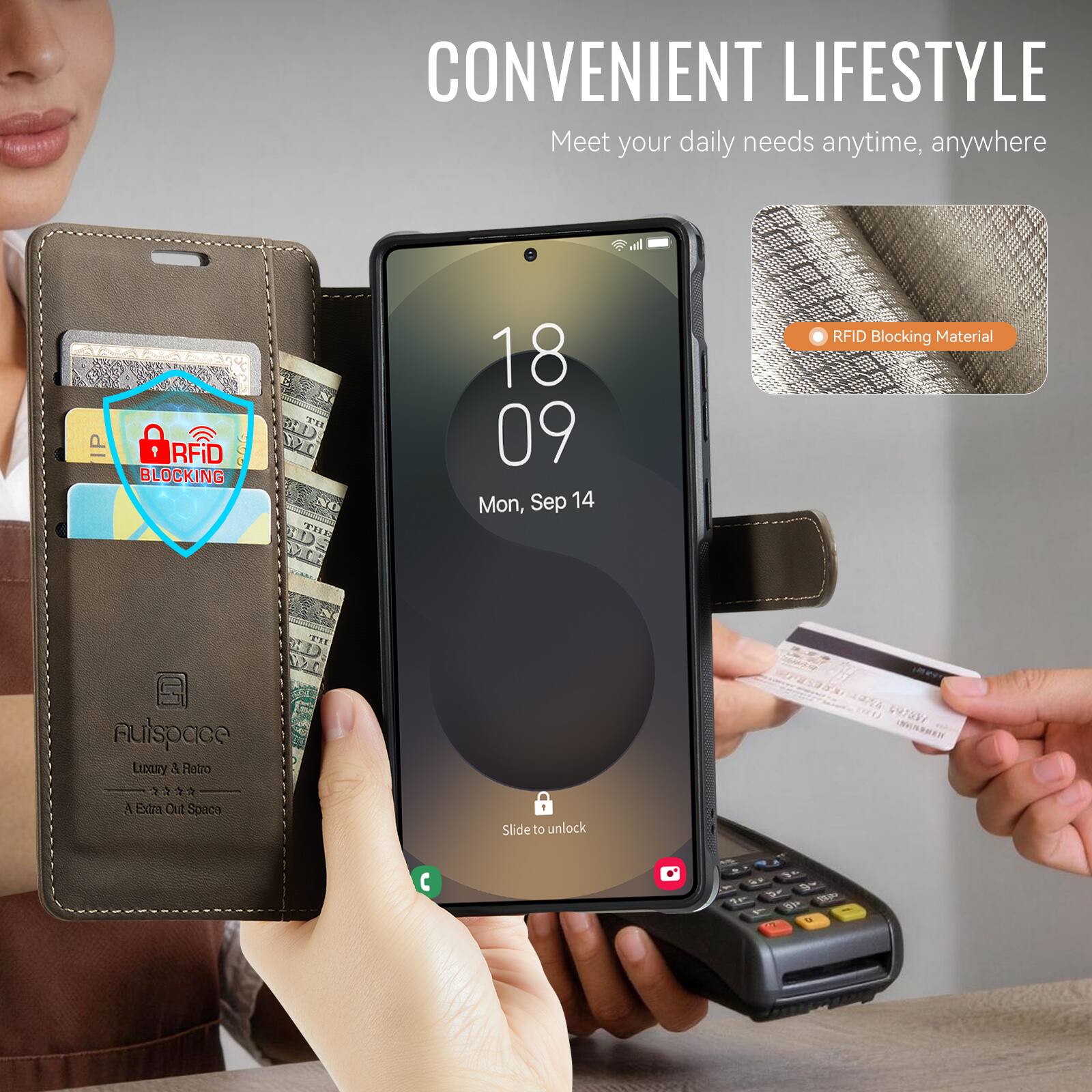 CONVENIENT LIFESTYLE  
Meet your daily needs anytime, anywhere

RFID BLOCKING  
RFID Blocking Material

Fuispace  
Luxury & Retro  
A Extra Out Space

Slide to unlock