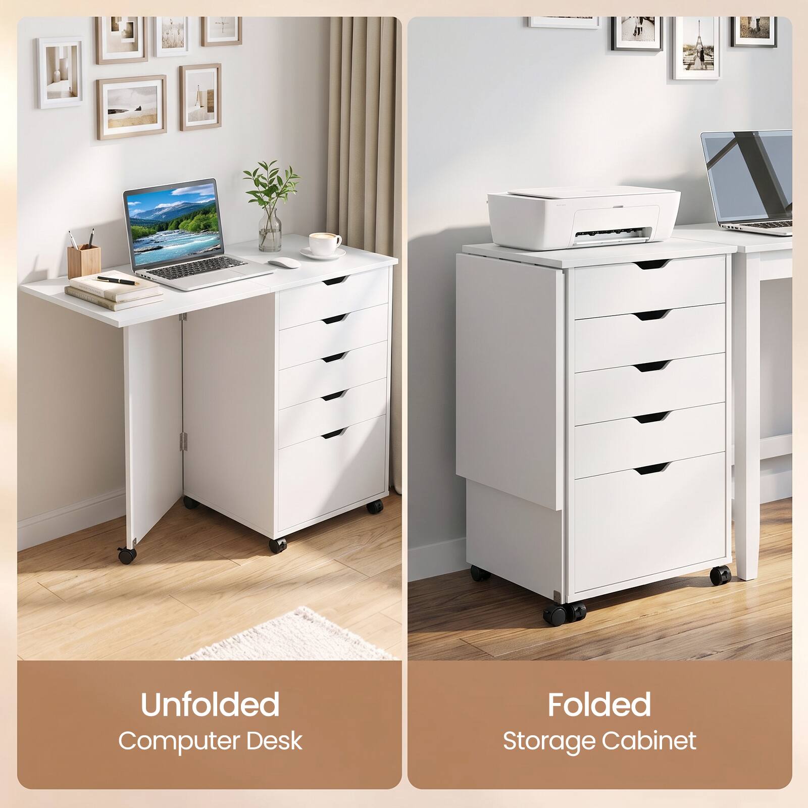 Costway Folding Desk with Storage Drawers & Wheels, Foldable Drop Leaf ...