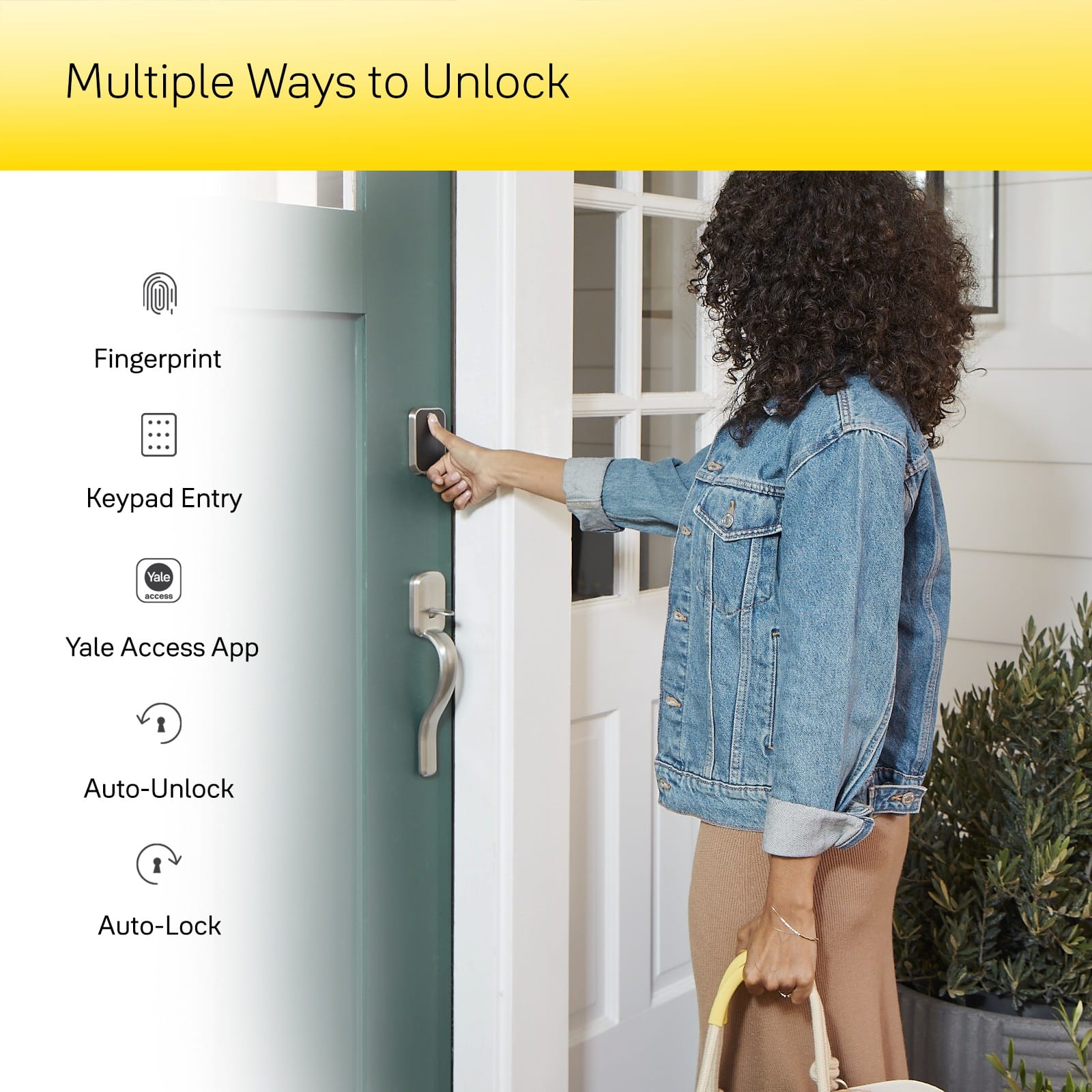 Multiple Ways to Unlock: Fingerprint Keypad Entry, Yale Access App, Auto-Unlock, Auto-Lock.