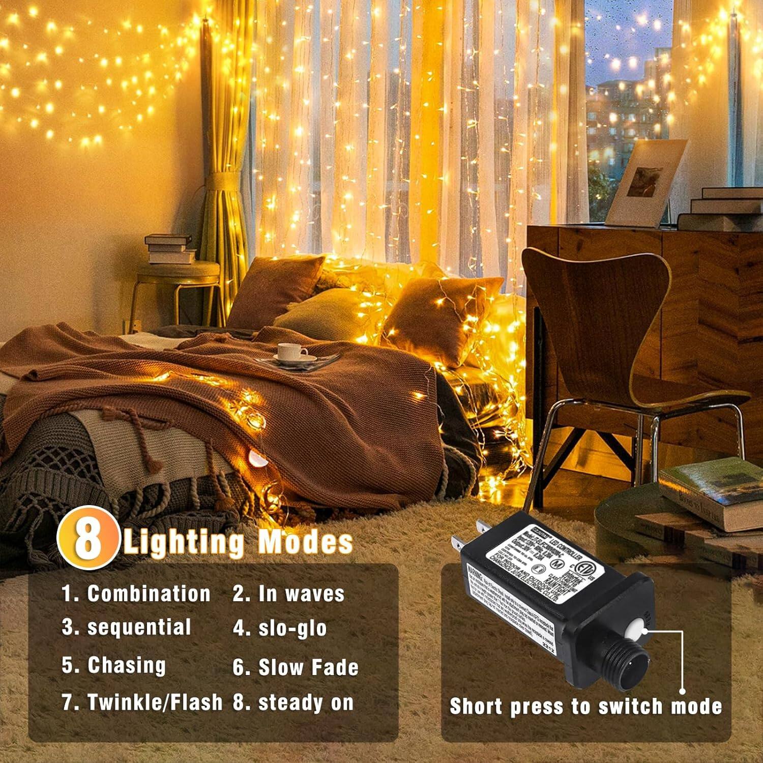 8 Lighting Modes  
1. Combination  
2. In waves  
3. Sequential  
4. Slo-glo  
5. Chasing  
6. Slow Fade  
7. Twinkle/Flash  
8. Steady on  

Short press to switch mode