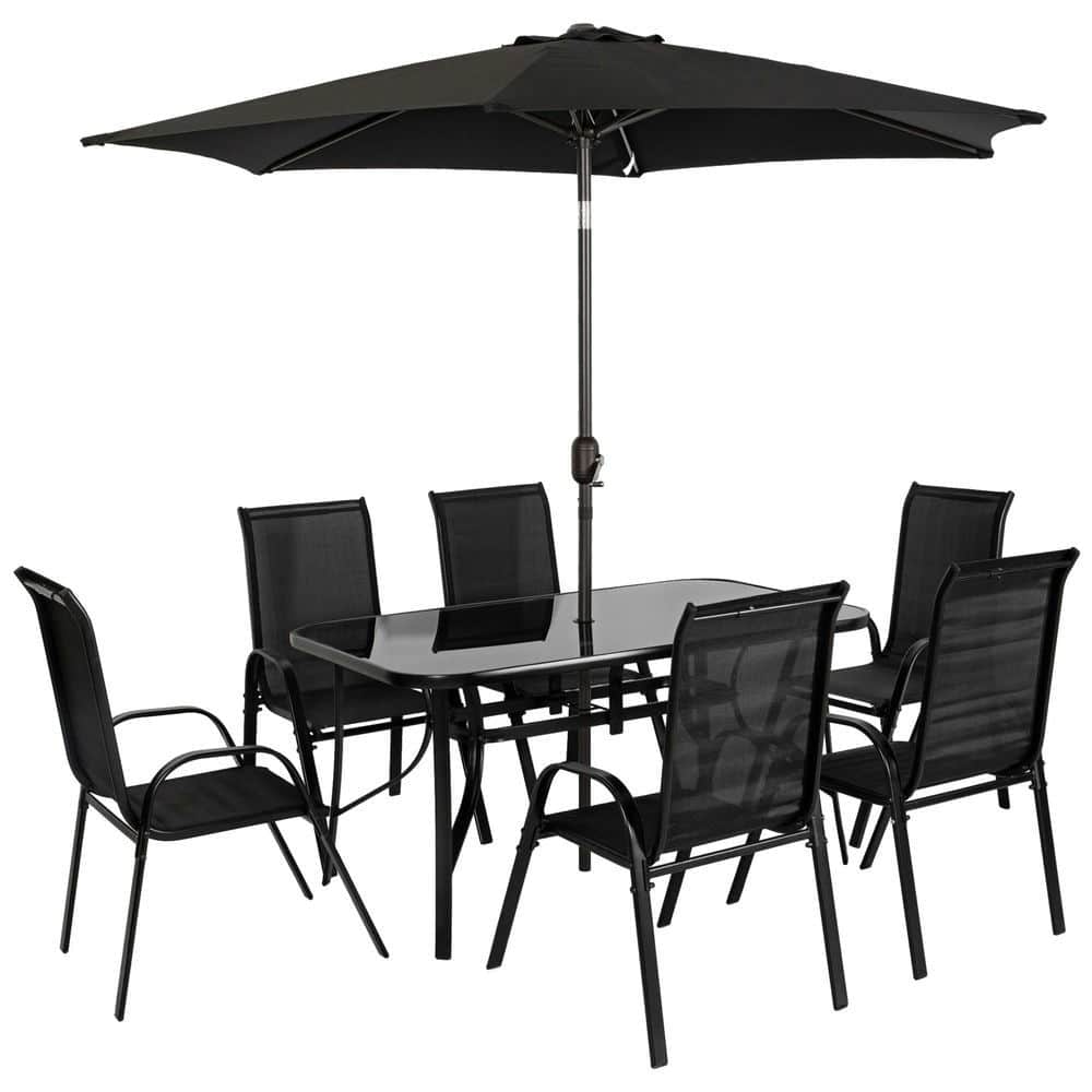 Resenkos - 8 Pieces Patio Furniture Set, Outdoor Sectional Furniture, Umbrella - Black