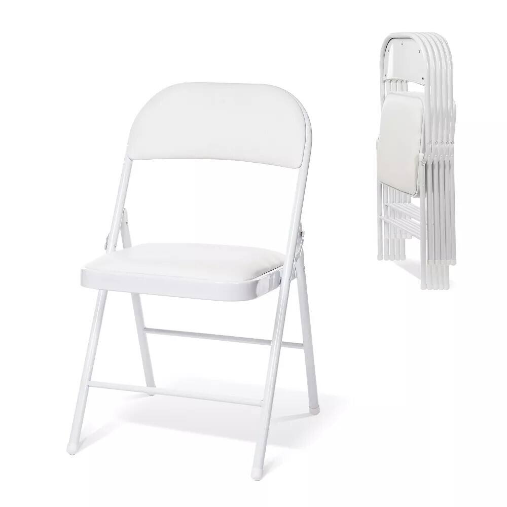 Essen Blissed - 6 Pack Folding Chairs with Padded Seats for Events Home Office, Pu Leather Folding Chair - White