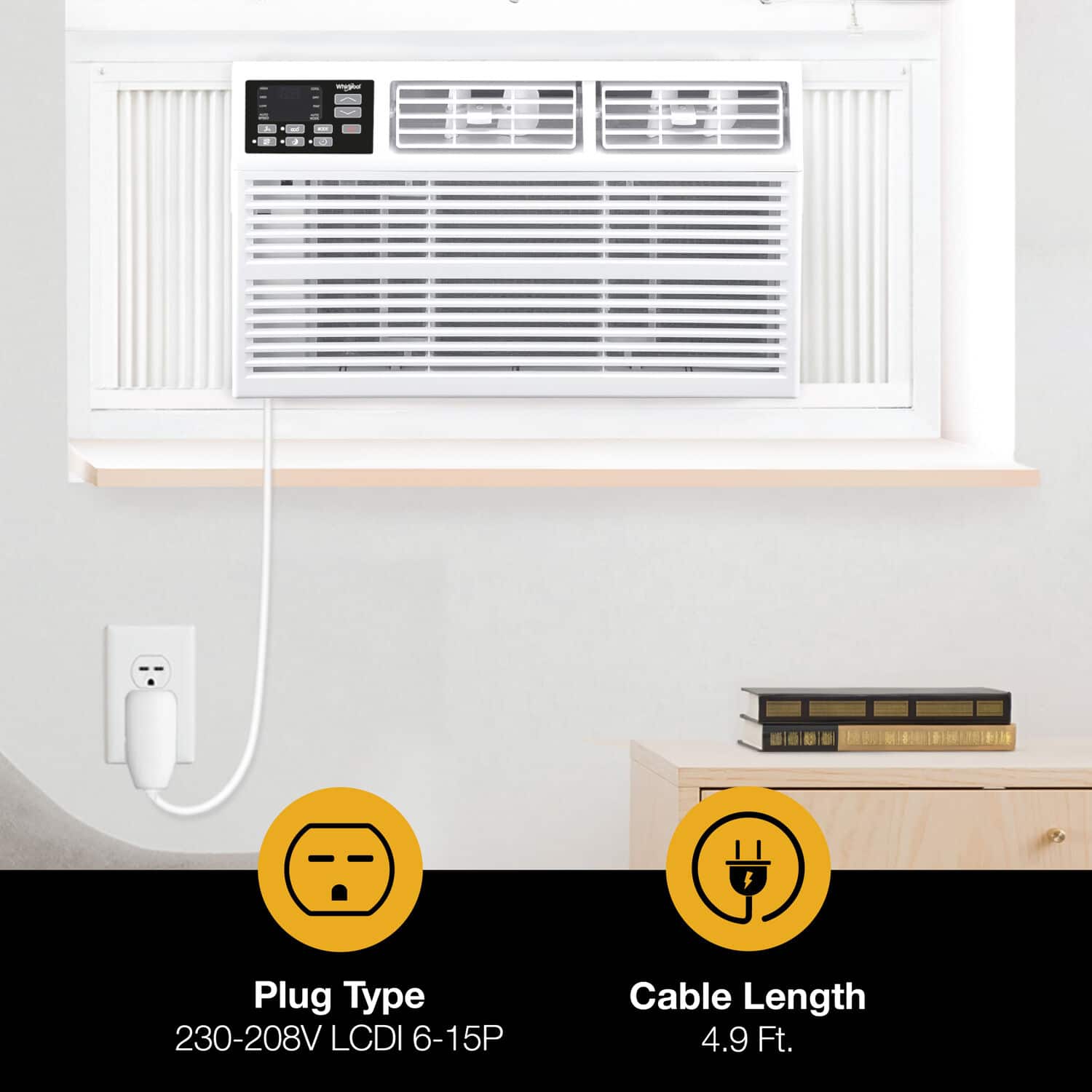 The image shows a white air conditioner with a plug type of 230-208V LCDI 6-15P and a cable length of 4.9 feet.