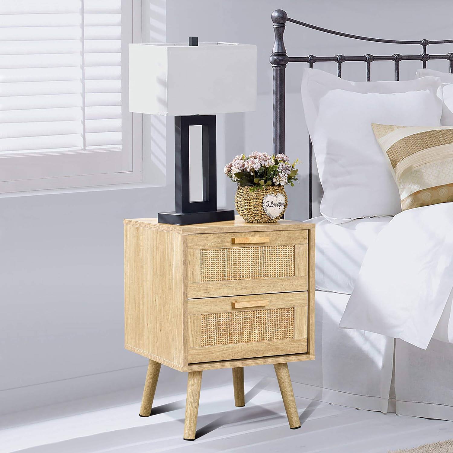 Alt View 5. Finnhomy - Finnhomy Nightstand with Natural Rattan Drawers – Wood Accent End Table for Bedroom, Patented Design - Natural.