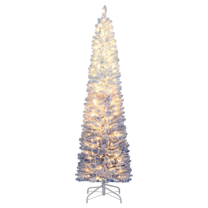 Angle. WELLFOR - 6ft Prelit Snow‑Flocked Artificial Pencil Christmas Tree with Warm White Lights, 435 Full Branch Tips - Blue & White.