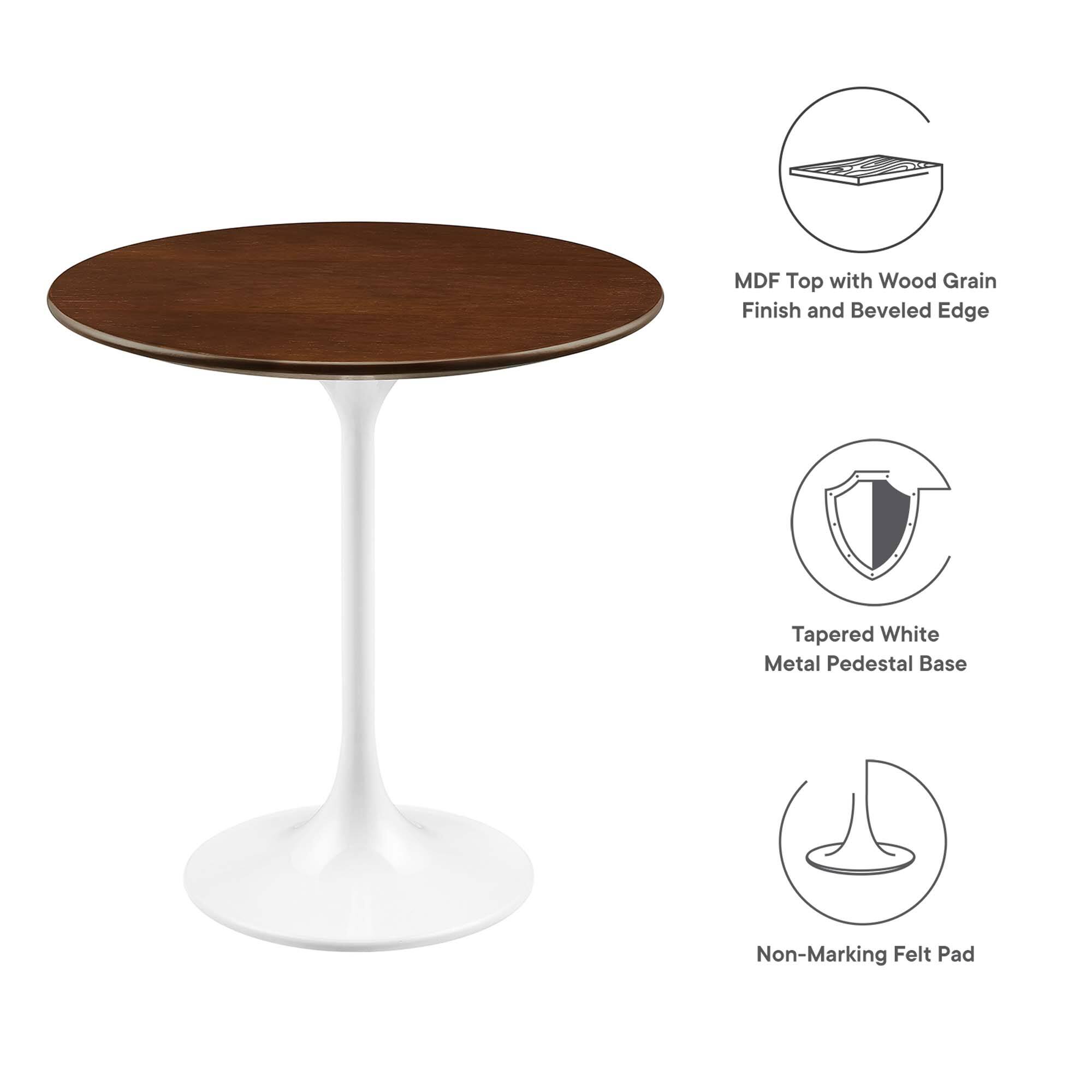 MDF Top with Wood Grain Finish and Beveled Edge  
Tapered White Metal Pedestal Base  
Non-Marking Felt Pad