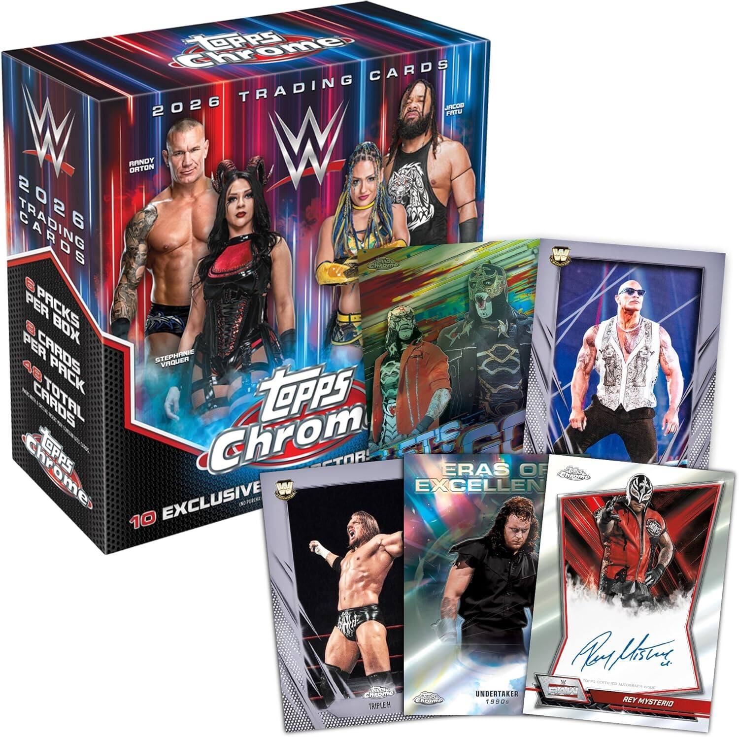 Topps Chrome Trading Cards 2026  
2026 Trading Cards  
2 Packs Per Box  
9 Cards Per Pack  
10 Exclusive Cards Per Box  
Randy Orton  
Stephanie Vincere  
Undertaker 1990  
Rey Mysterio  
Eras of Excellence  
Chrome  
10 Exclusive  
Topps Chrome  
WWE